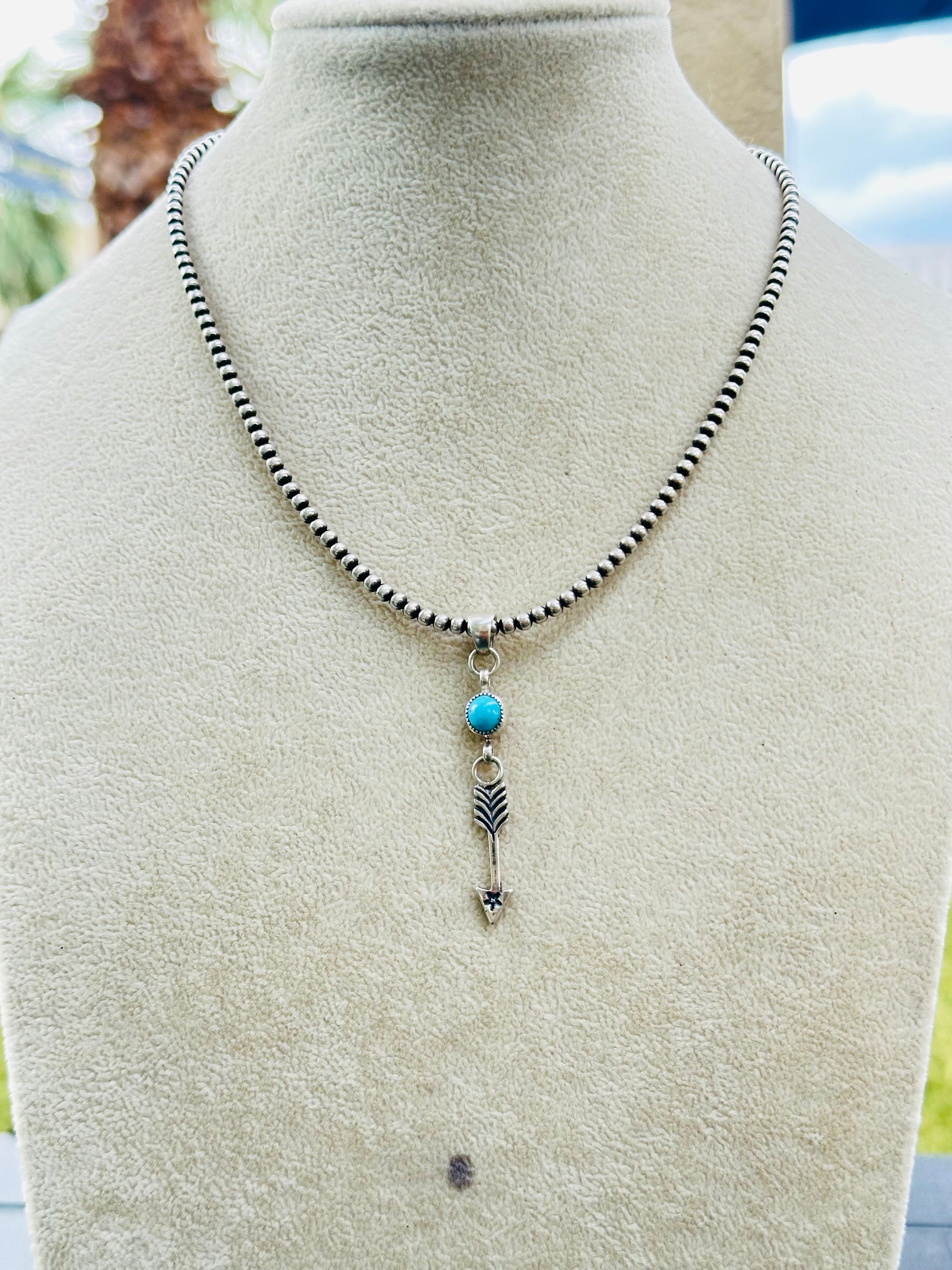 Navajo Handmade Kingman Turquoise & Sterling Silver Arrow Pendant