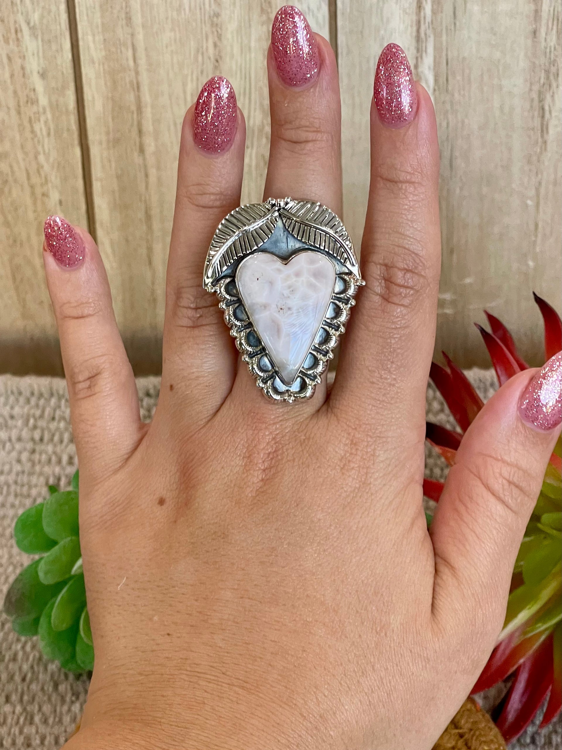 Southwest Handmade Pink Larimar & Sterling Silver Adjustable Ring