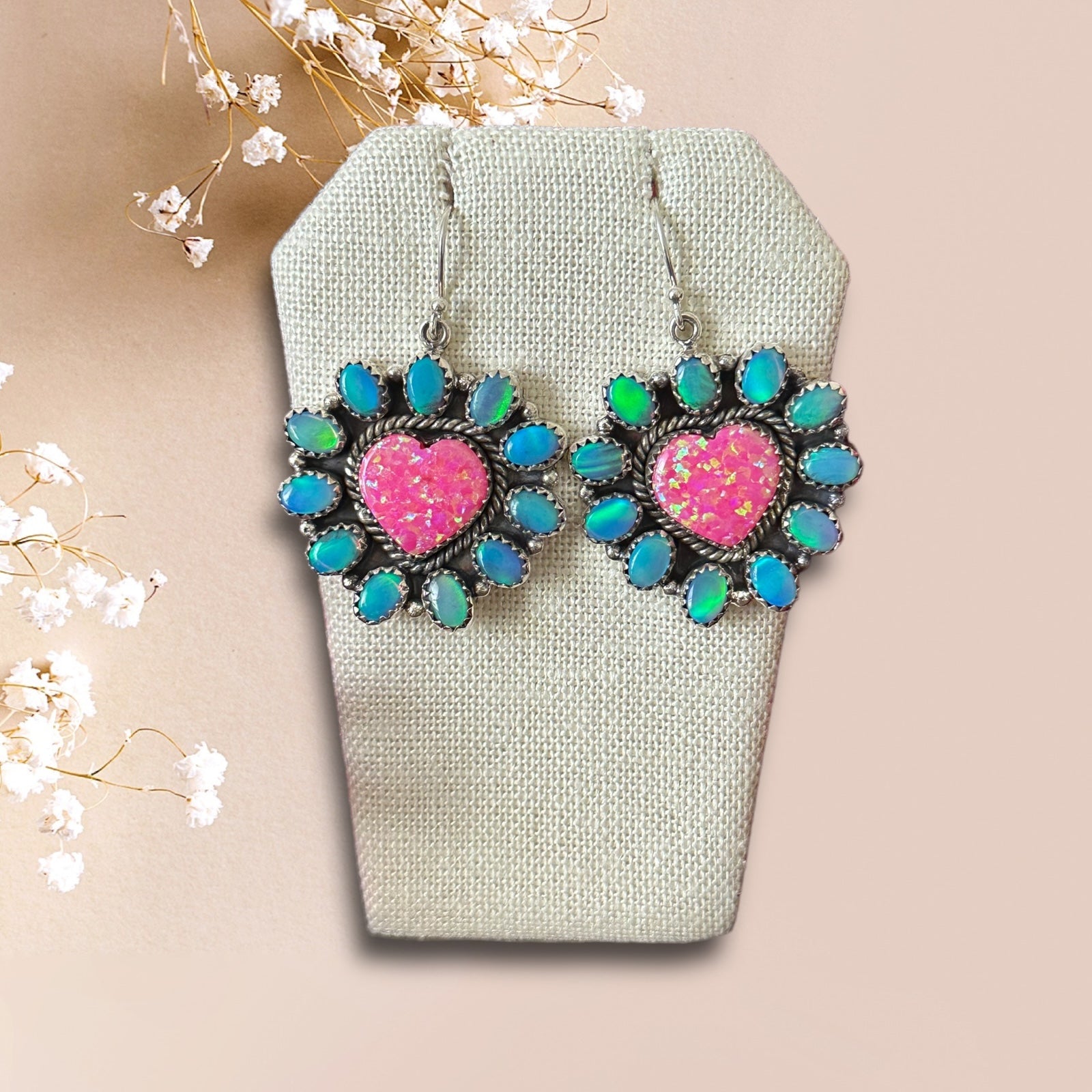 Southwest Handmade Opal & Sterling Silver Dangle Cluster Heart Earrings