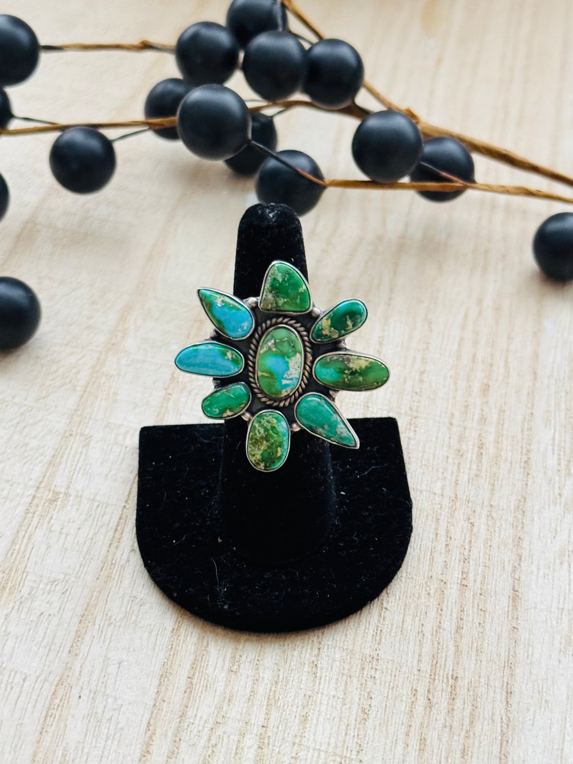 Southwest Handmade Sonoran Mountain Turquoise & Sterling Silver Adjustable Cluster Ring