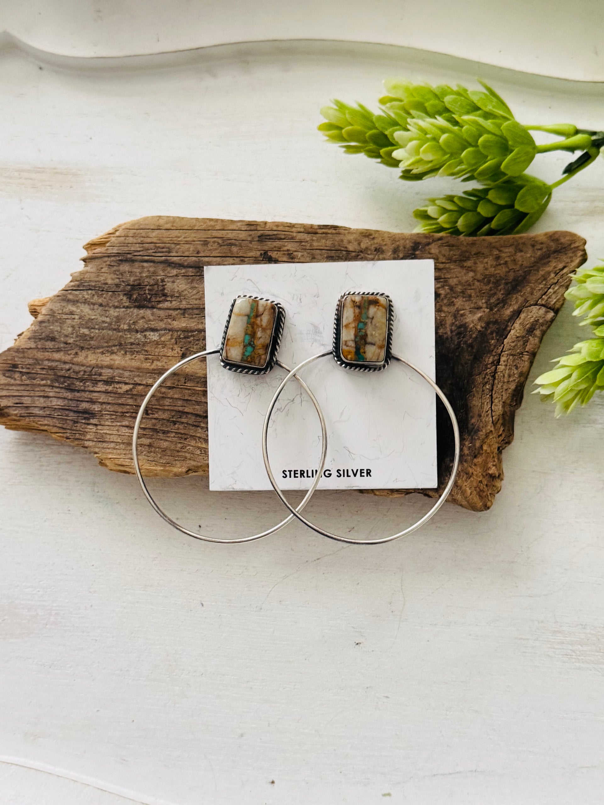 Elouise Kee Ribbon Royston & Sterling Silver Post Dangle Hoop Earrings