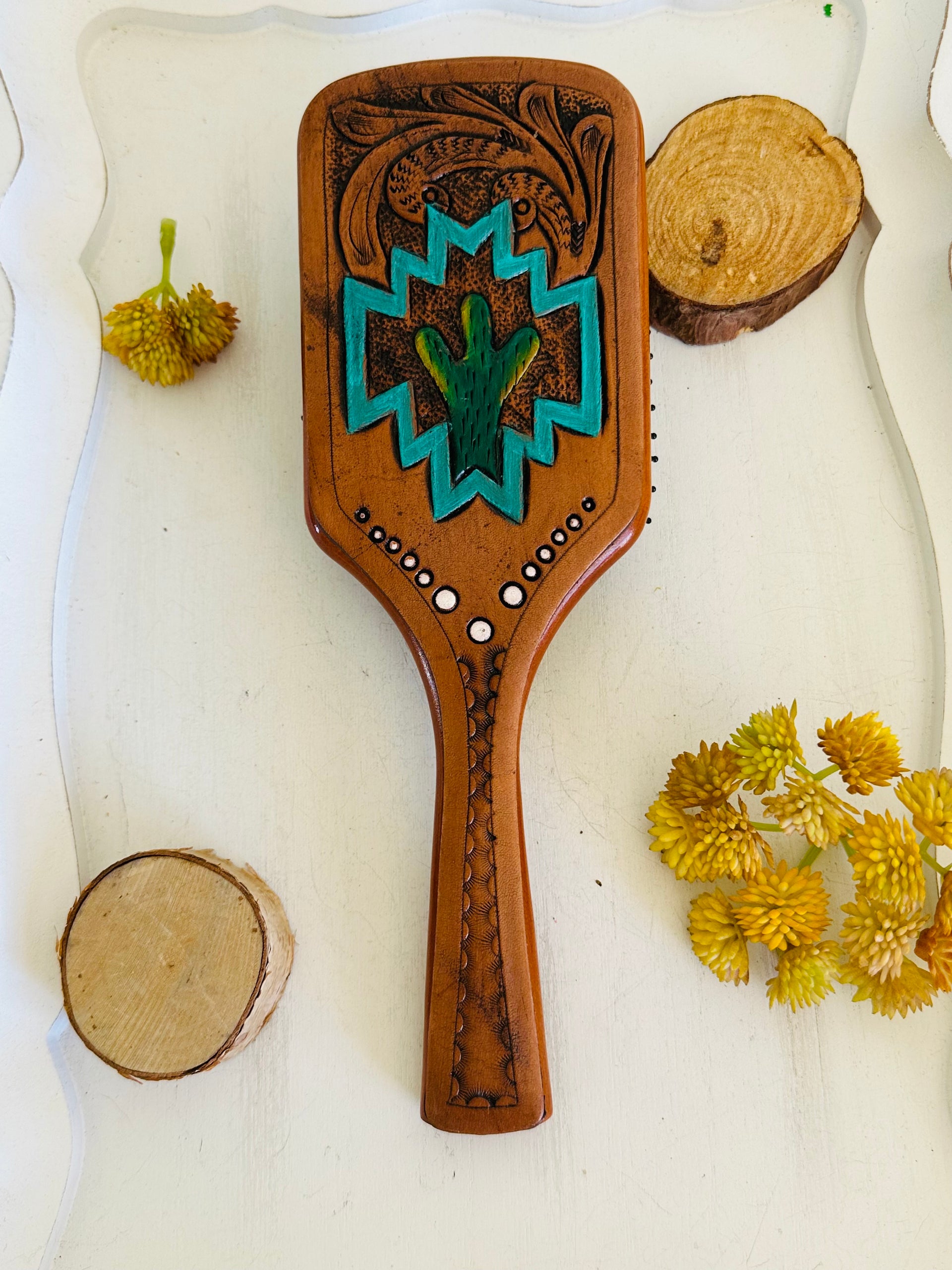 Genuine Tooled Leather Hair Brush