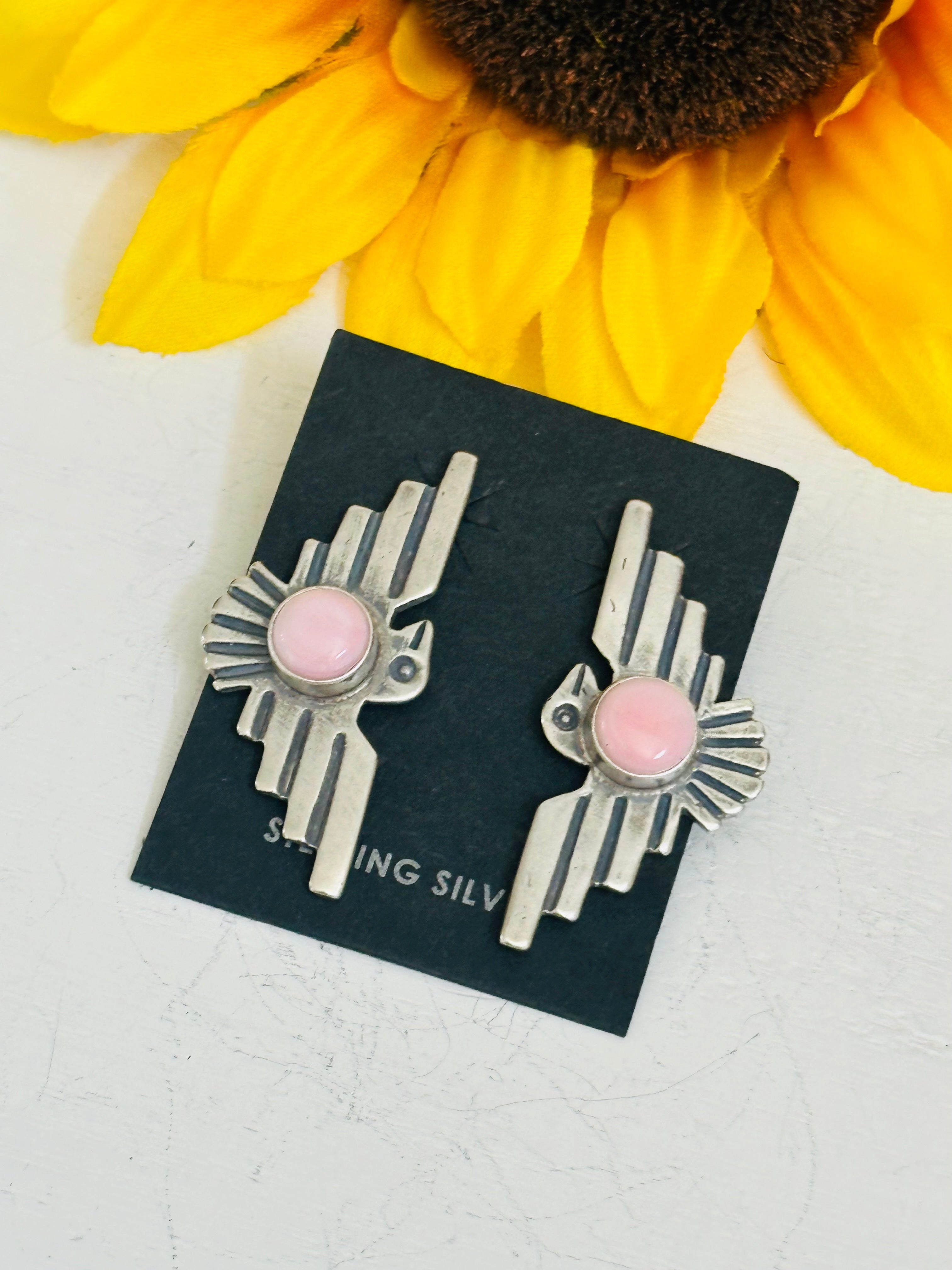 Navajo Handmade Pink Conch & Sterling Silver Post Thunderbird Earrings