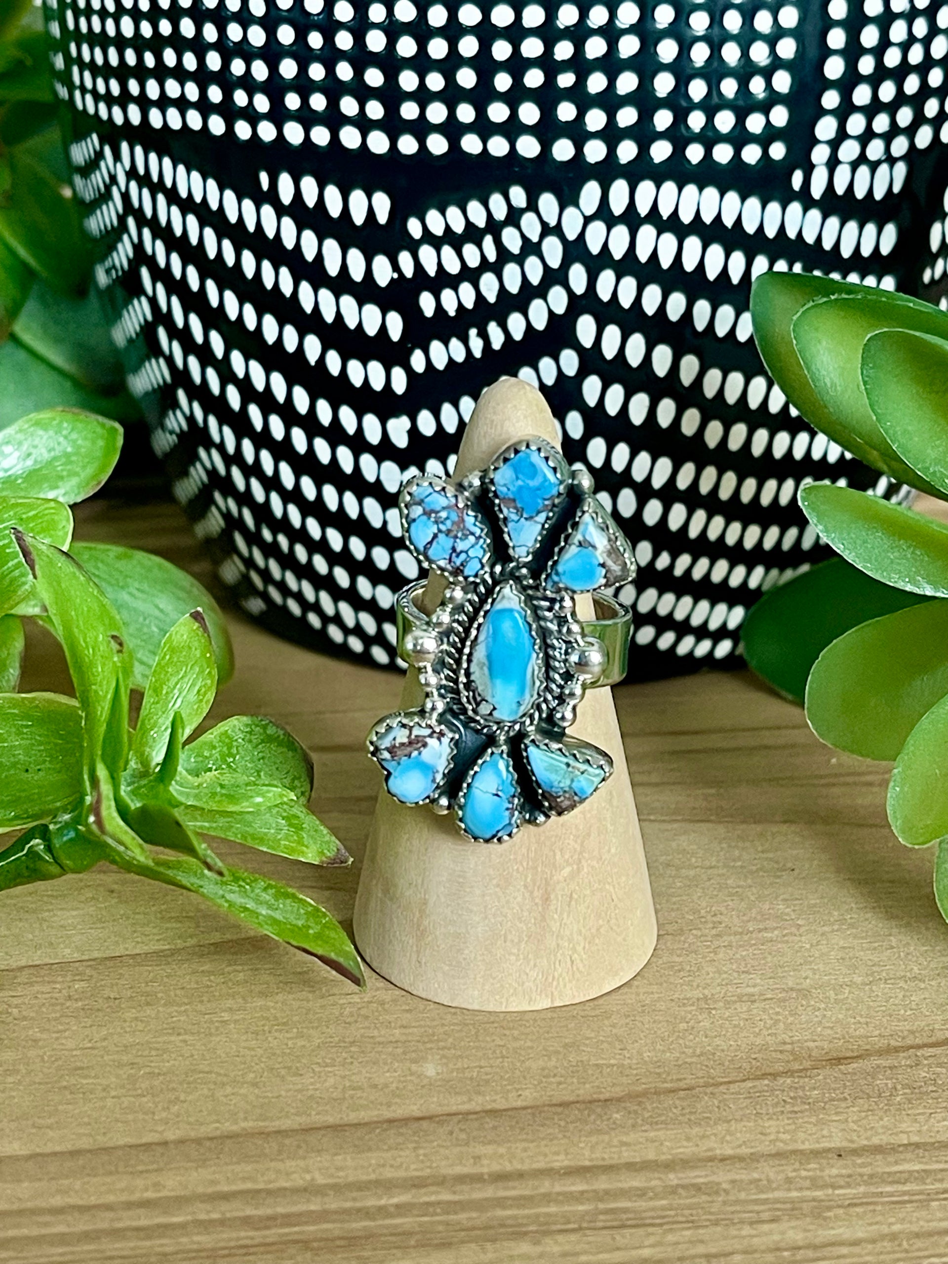 Southwest Handmade Golden Hills Turquoise & Sterling Silver Adjustable Cluster Ring