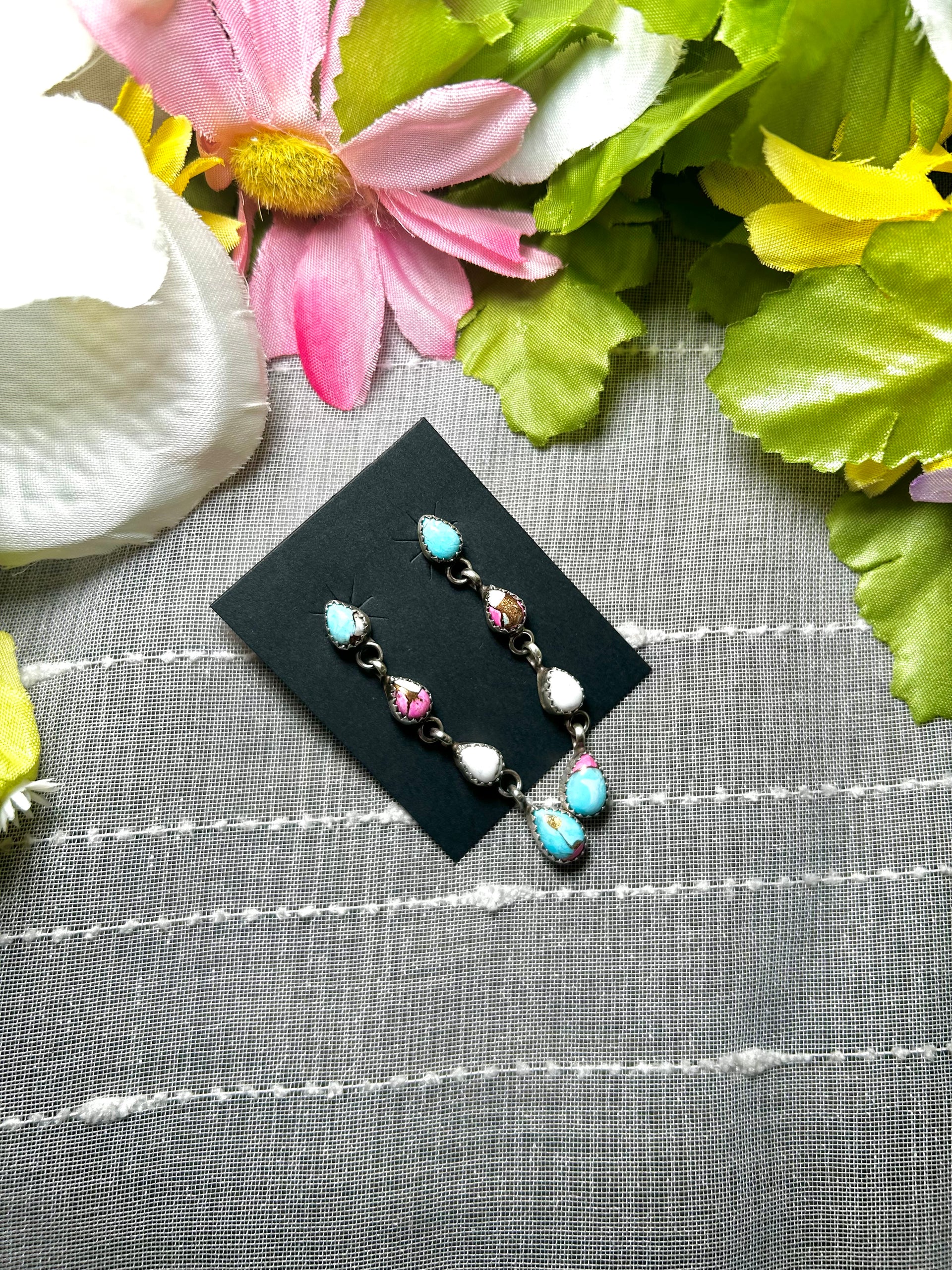 Navajo Made Cotton Candy Dahlia & Sterling Silver Post Dangle Earrings