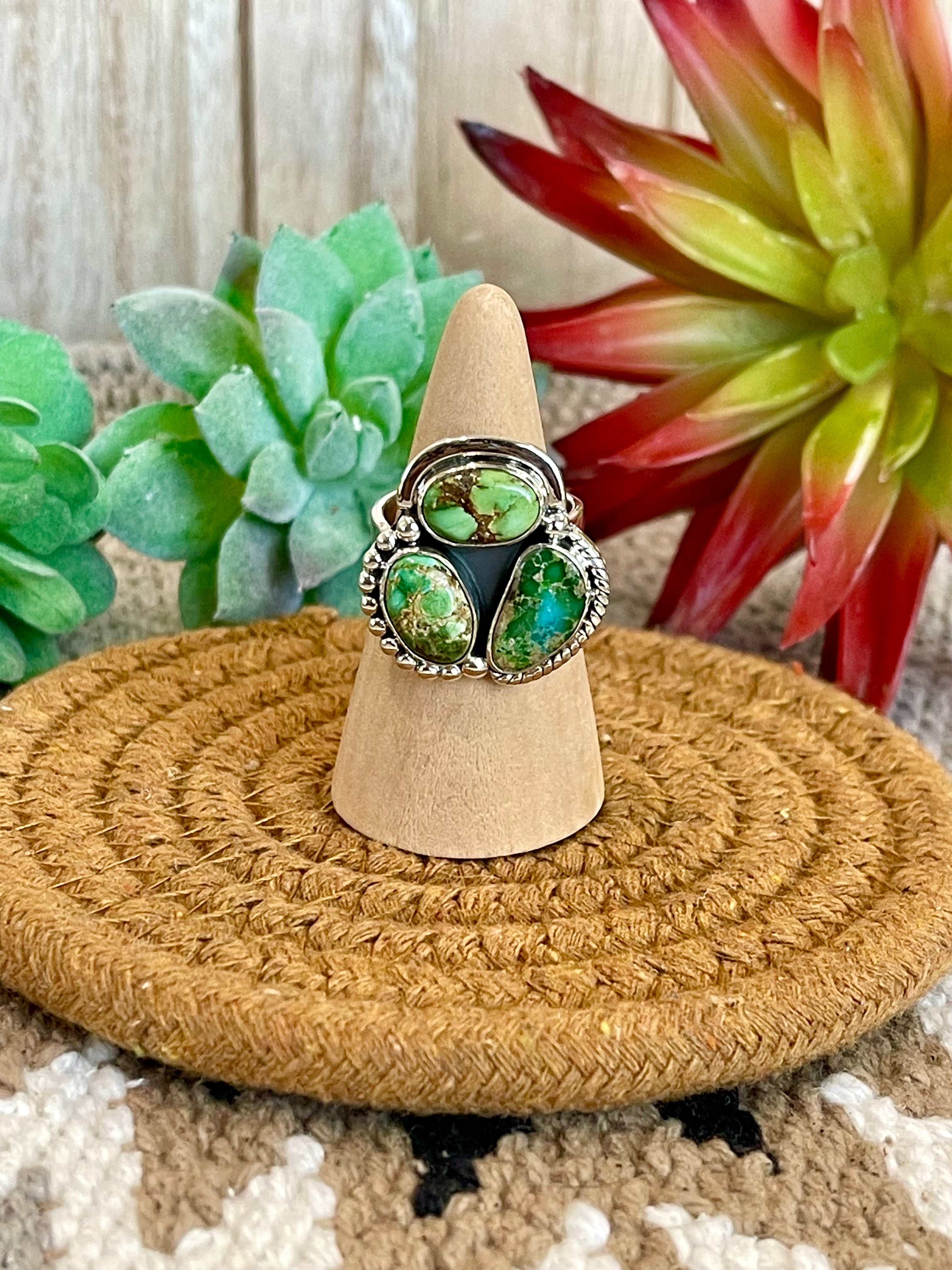 Southwest Handmade Sonoran Mountain Turquoise & Sterling Silver Adjustable 3 Stone Ring