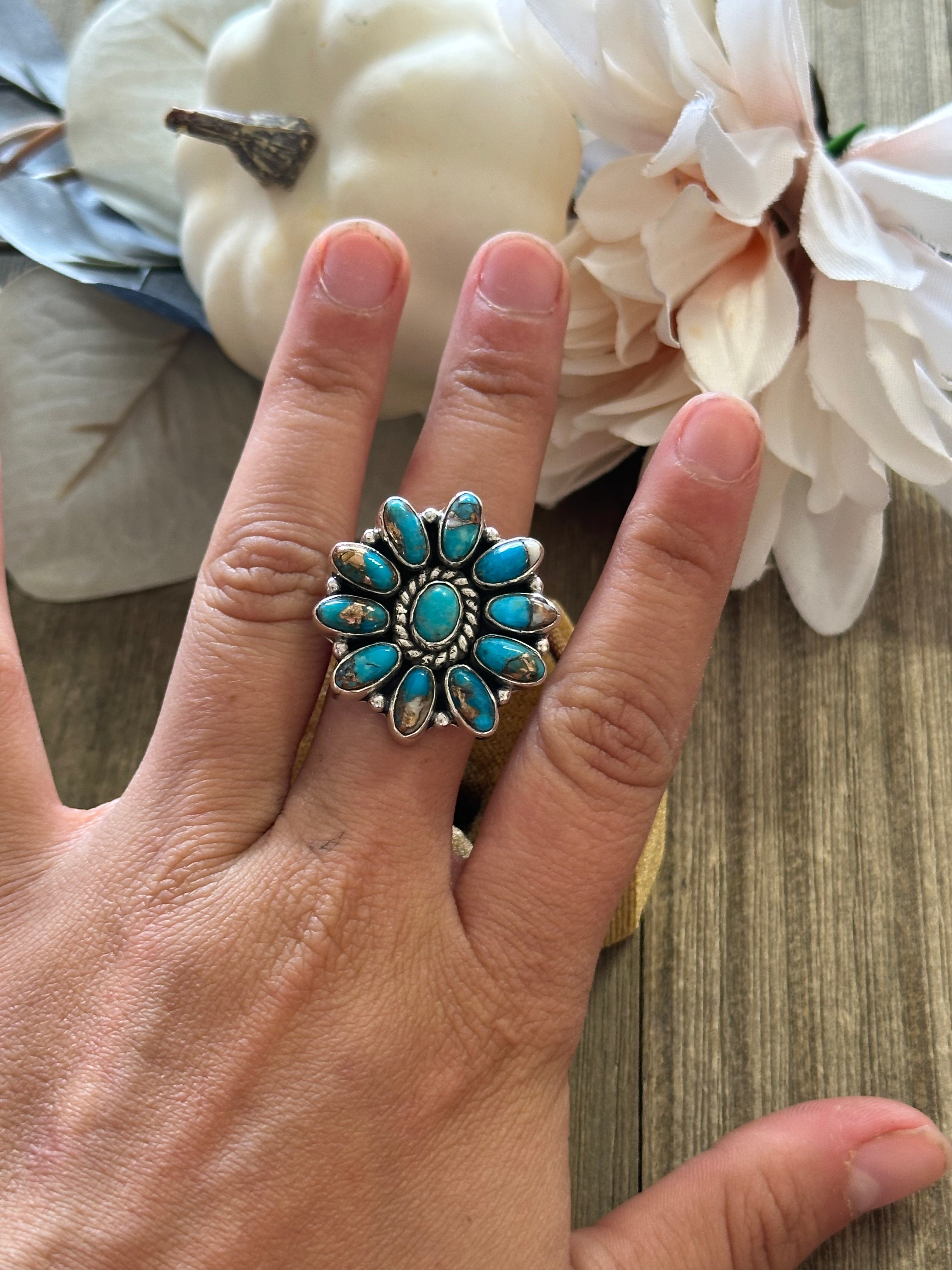 Southwest Handmade Mohave Turquoise & Sterling Silver Adjustable Cluster Ring