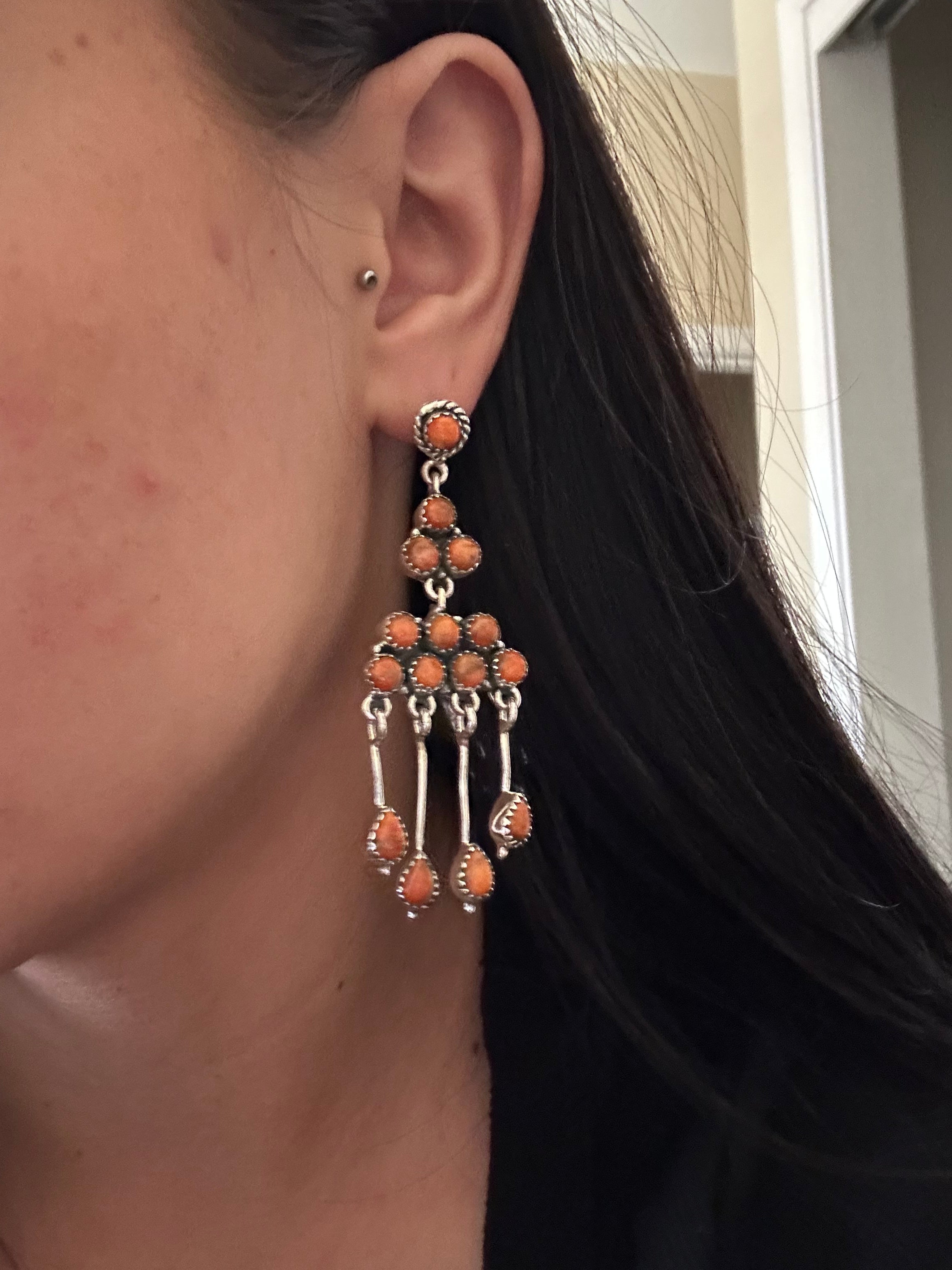 Southwest Handmade Apple Coral & Sterling Silver Post Dangle Cluster Earrings