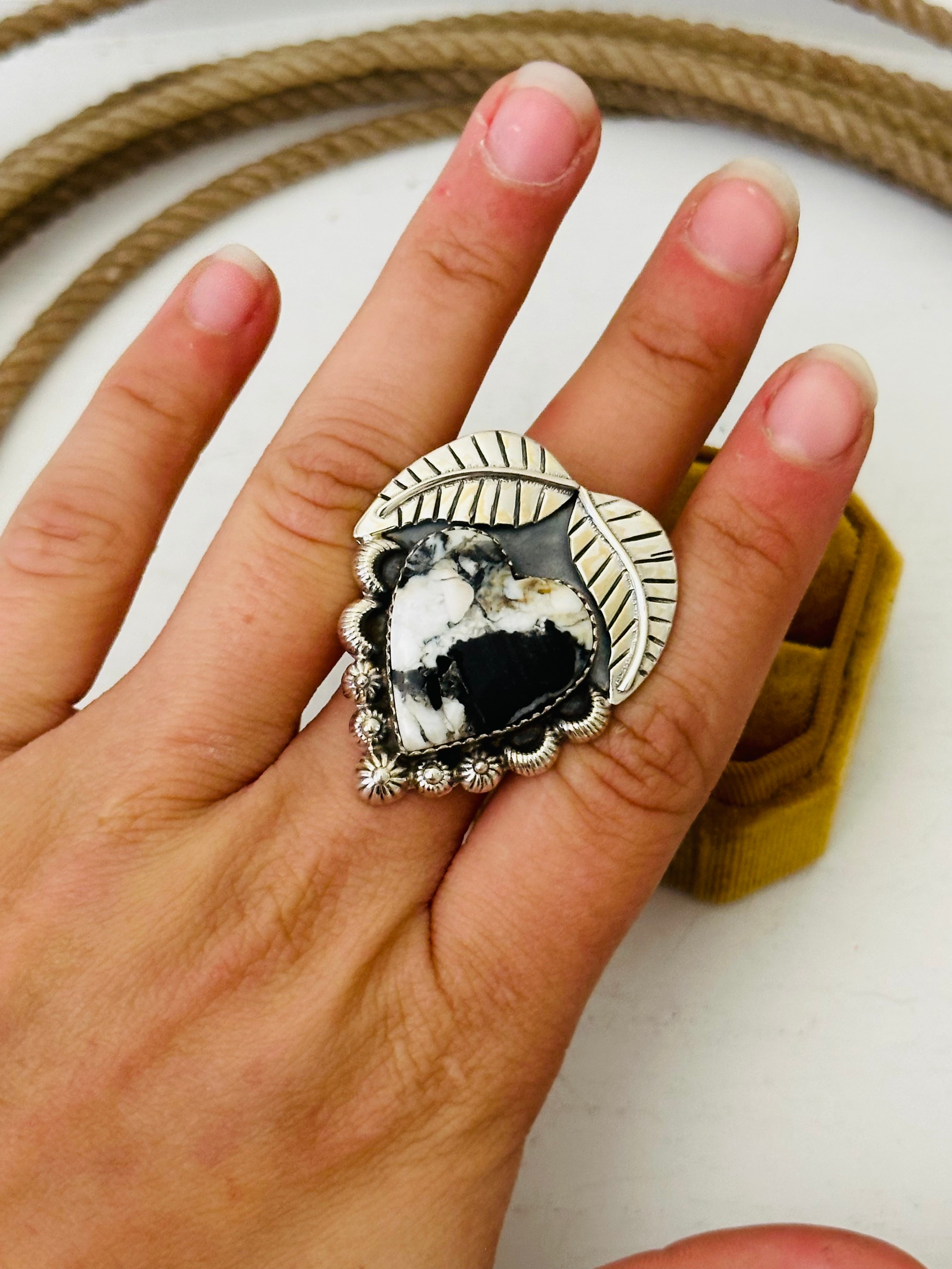 Southwest Handmade White Buffalo & Sterling Silver Adjustable Ring