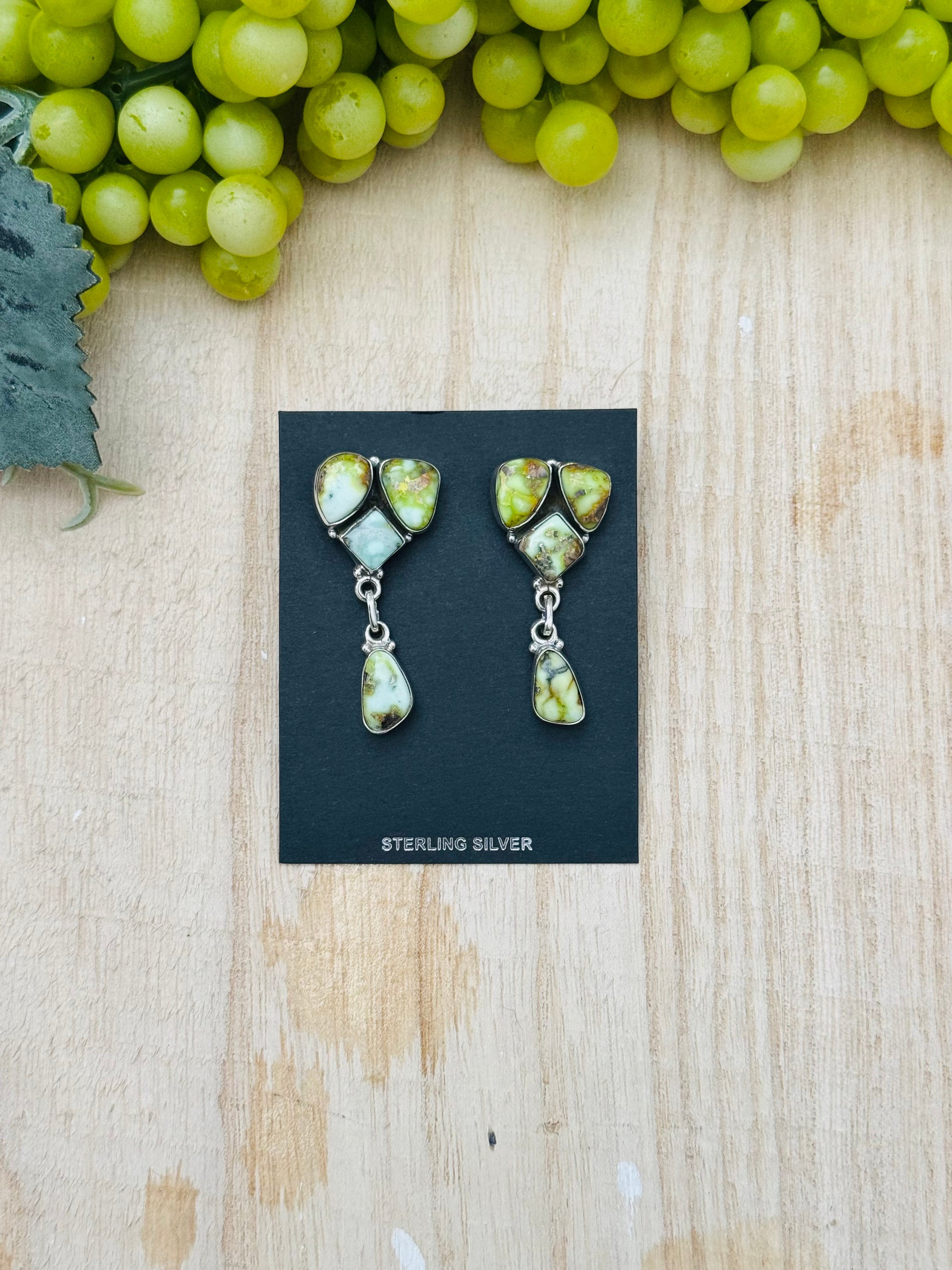 Southwest Handmade Palomino Variscite & Sterling Silver Post Dangle Earrings
