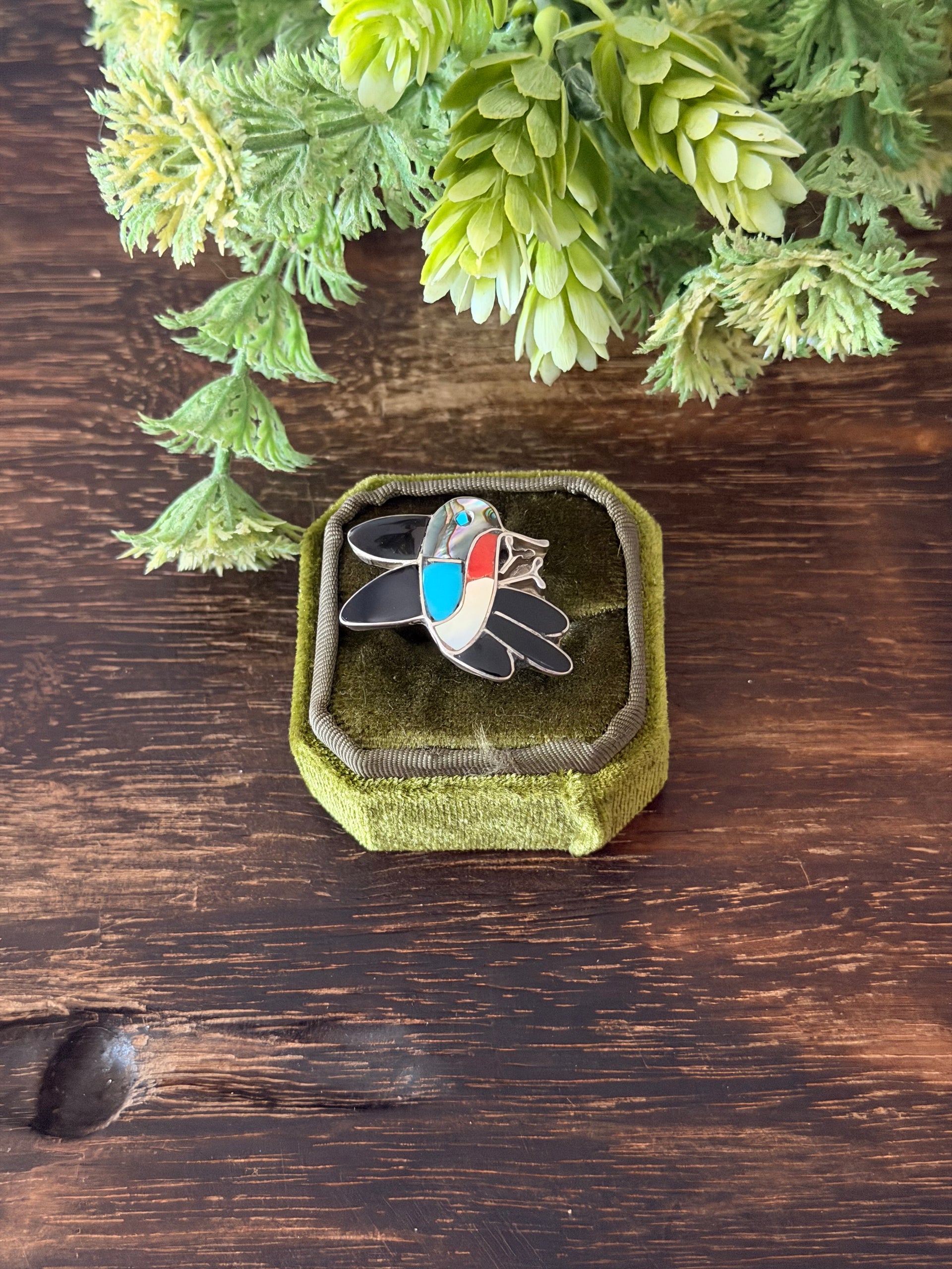 Zuni Made Multi Stone & Sterling Silver Inlay Hummingbird Ring Size 9.5