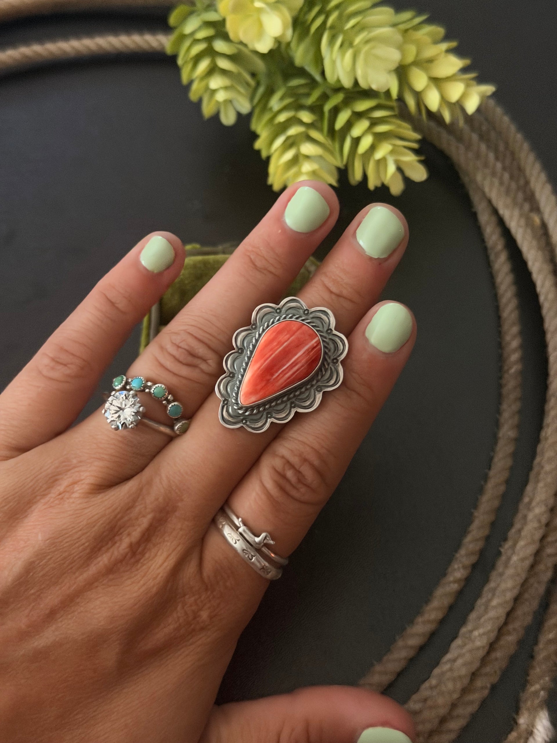 Dave Skeets Red Spiny Oyster & Sterling Silver Ring Size 7