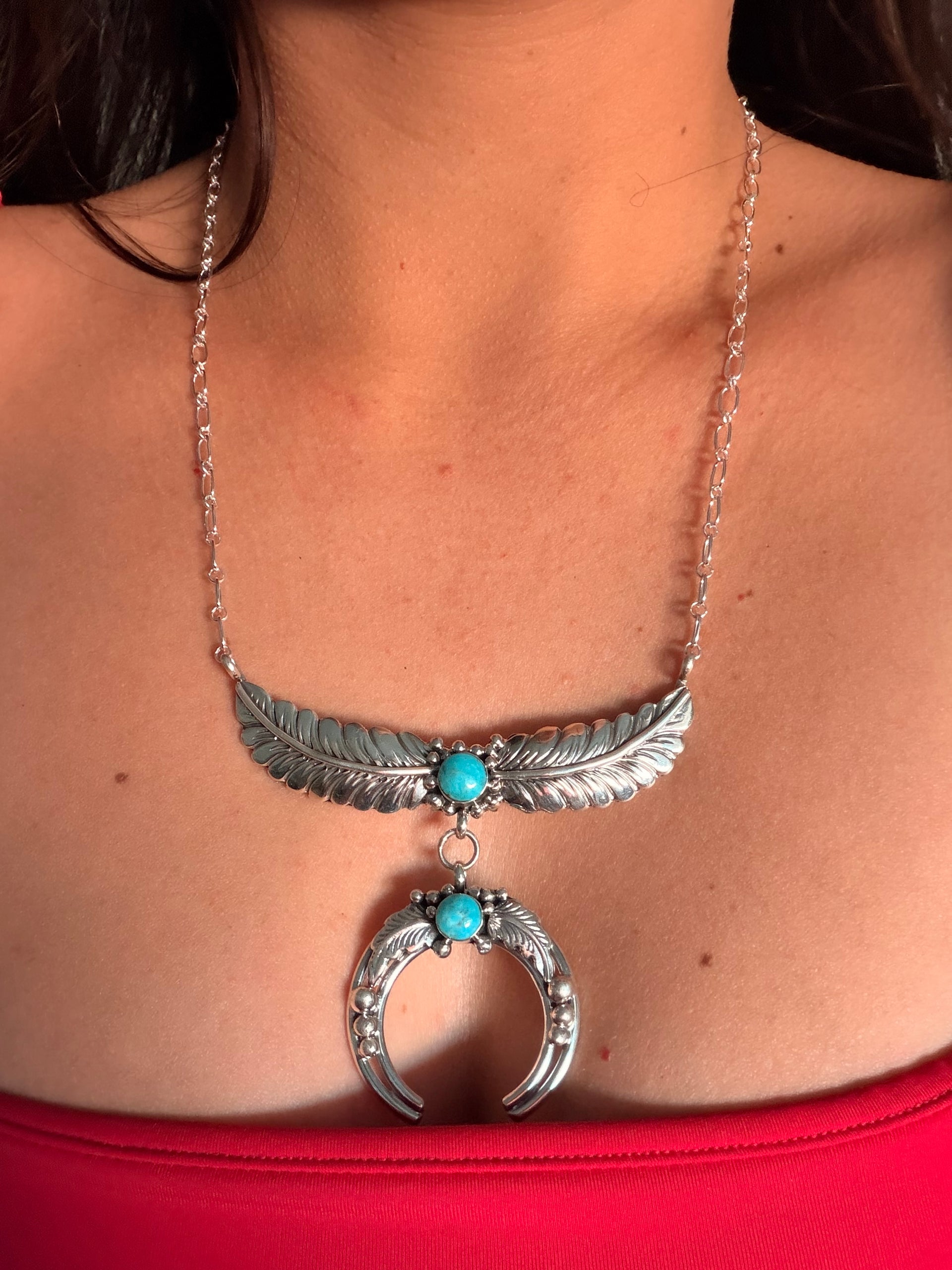 Navajo Made Kingman Turquoise and Sterling Silver Naja Necklace