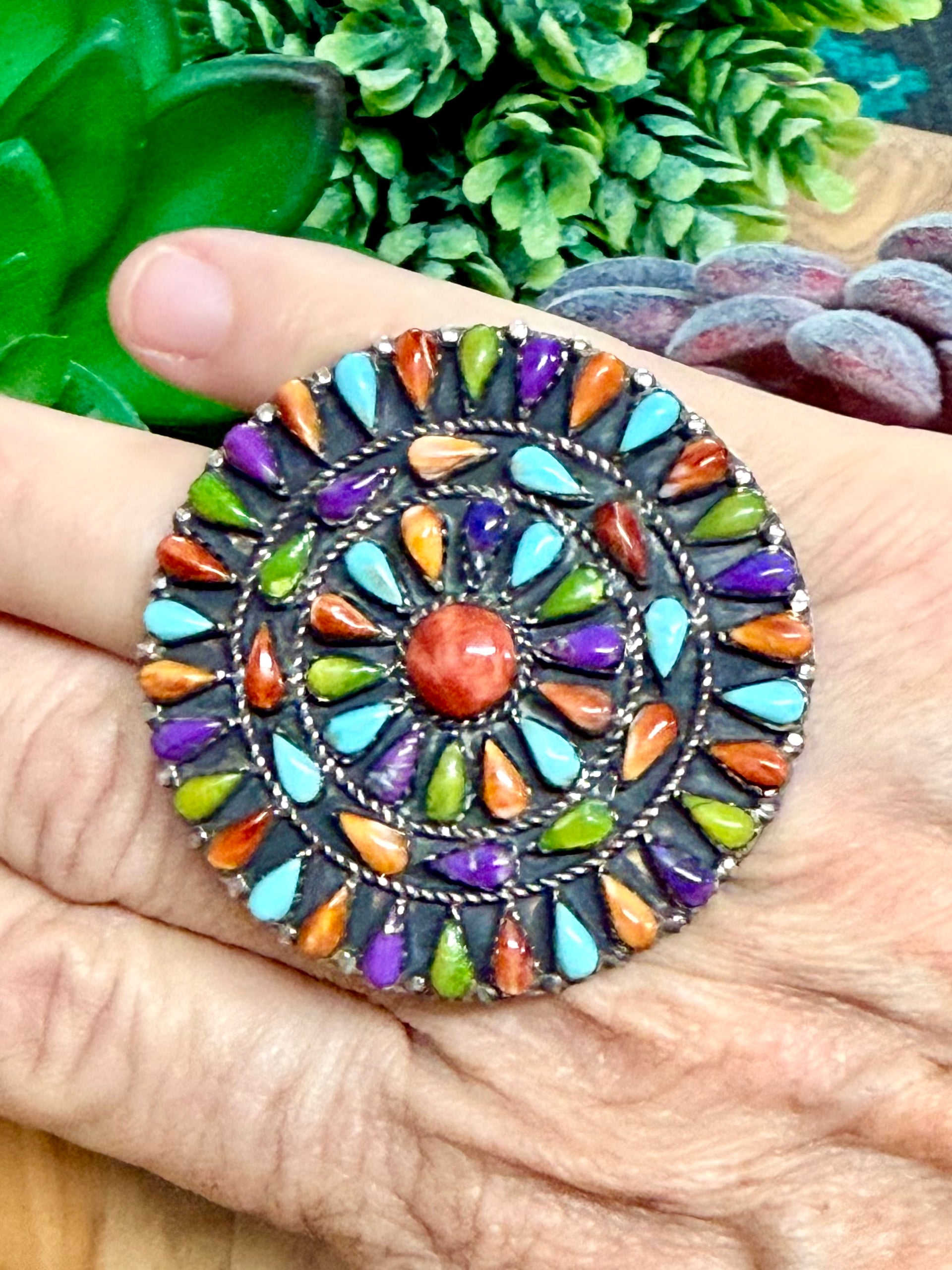Southwest Handmade Multistone & Sterling Silver Ring Size 9.5