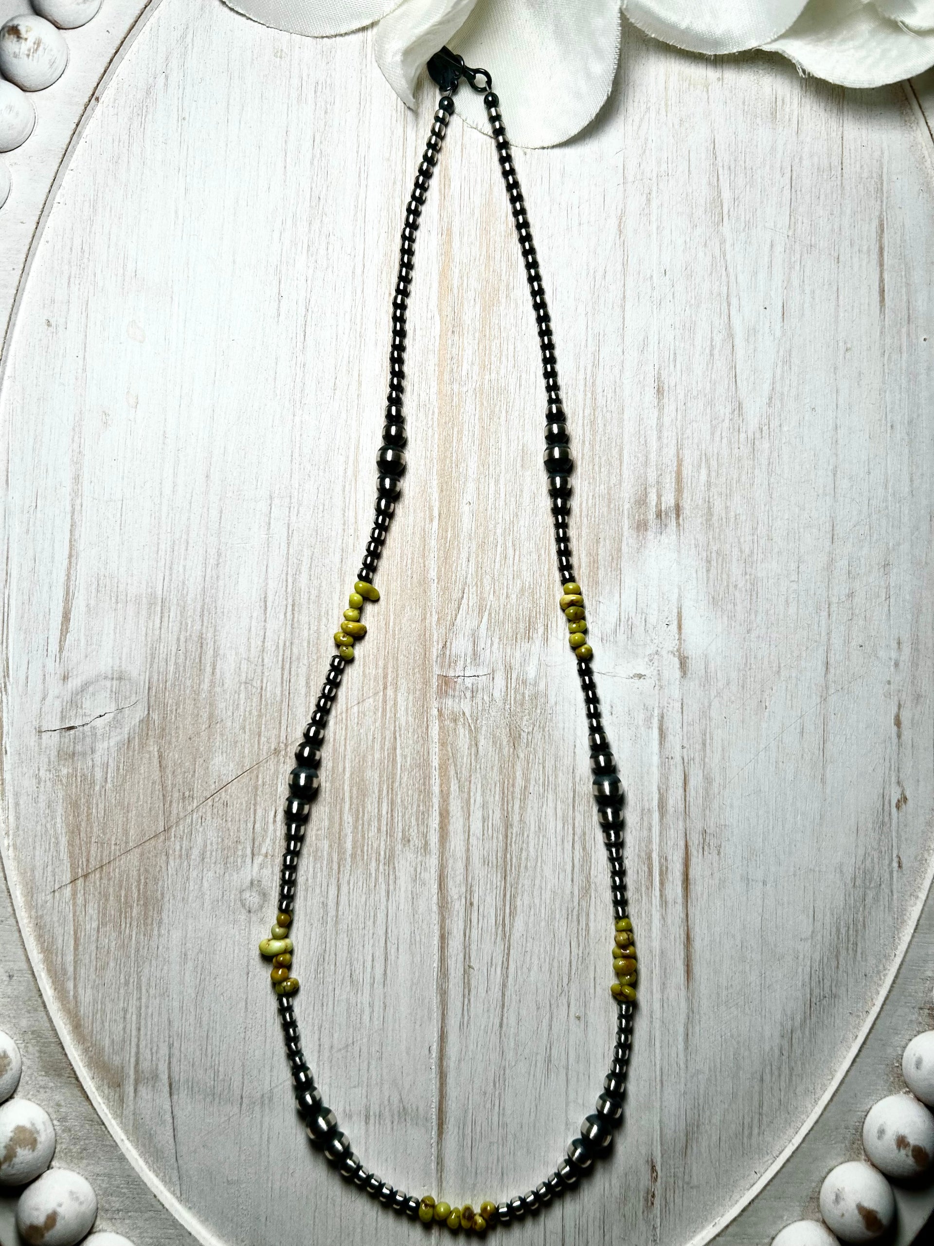 Navajo Strung Palomino Variscite & Sterling Silver Necklace