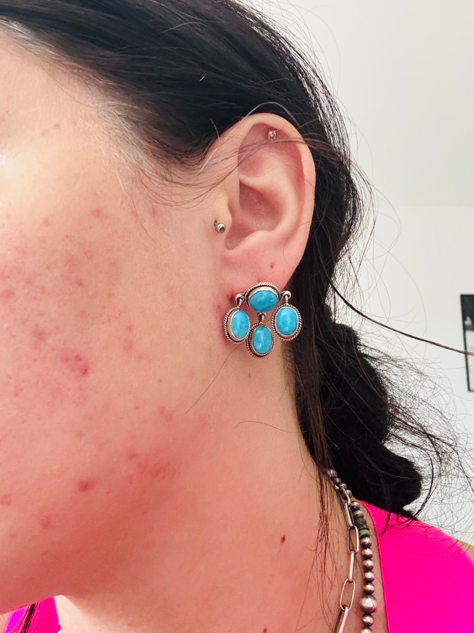 Southwest Made Kingman Turquoise & Sterling Silver Post Dangle Cluster Earrings