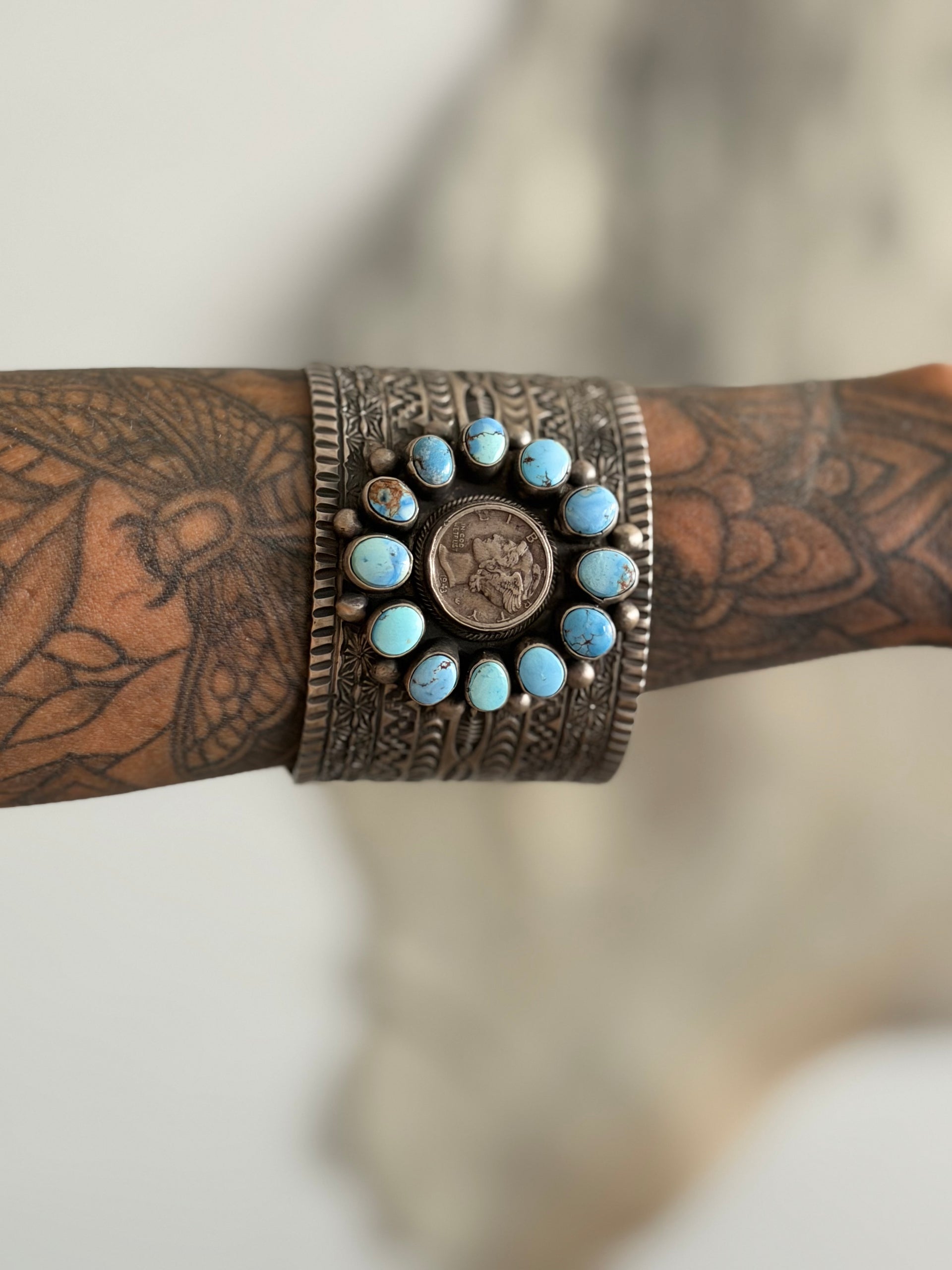 Tillie John Golden Hills Turquoise & Sterling Silver Liberty Dime Cluster Cuff Bracelet