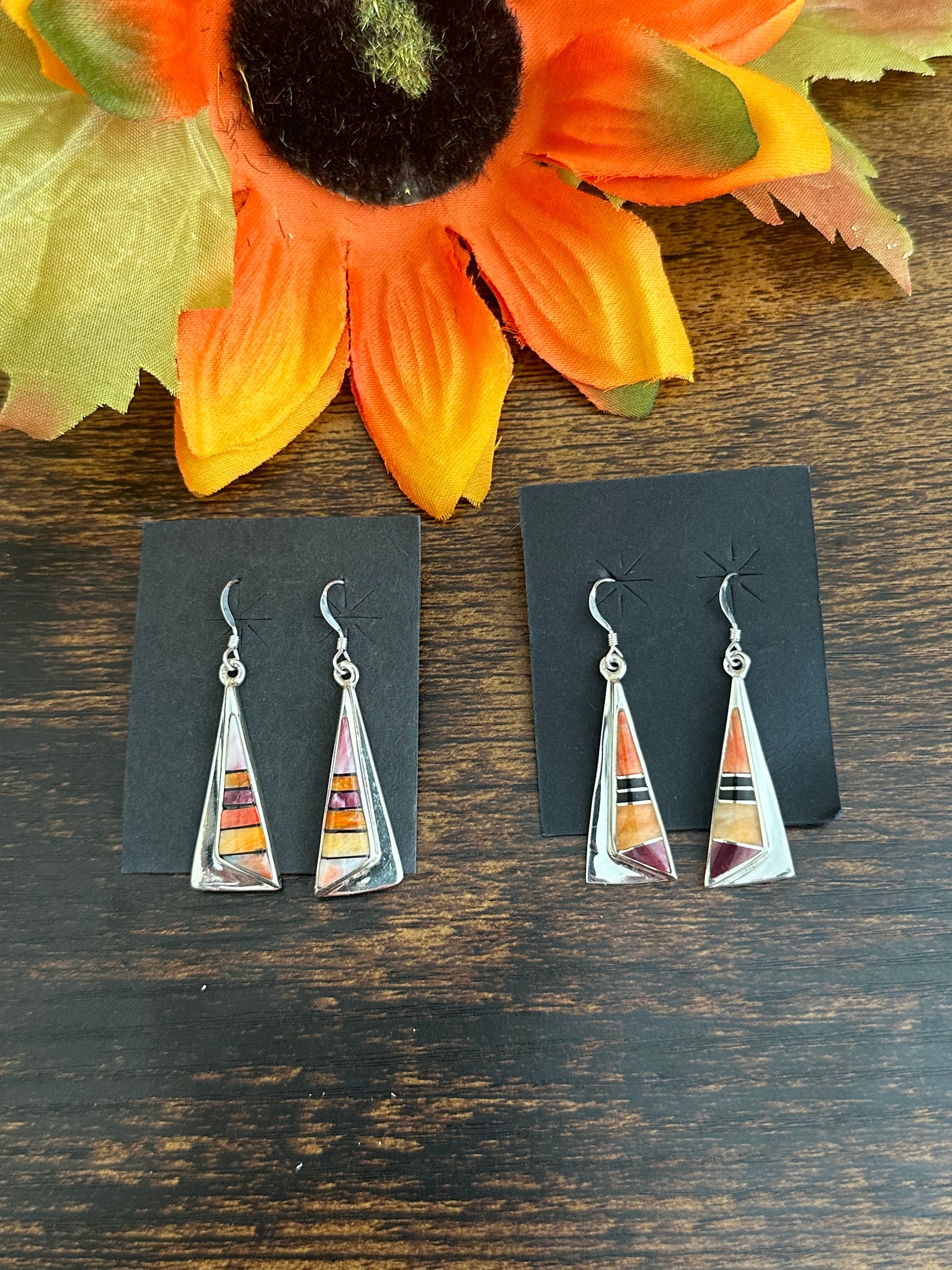 Navajo Made Multi Stone & Sterling Silver Dangle Earrings