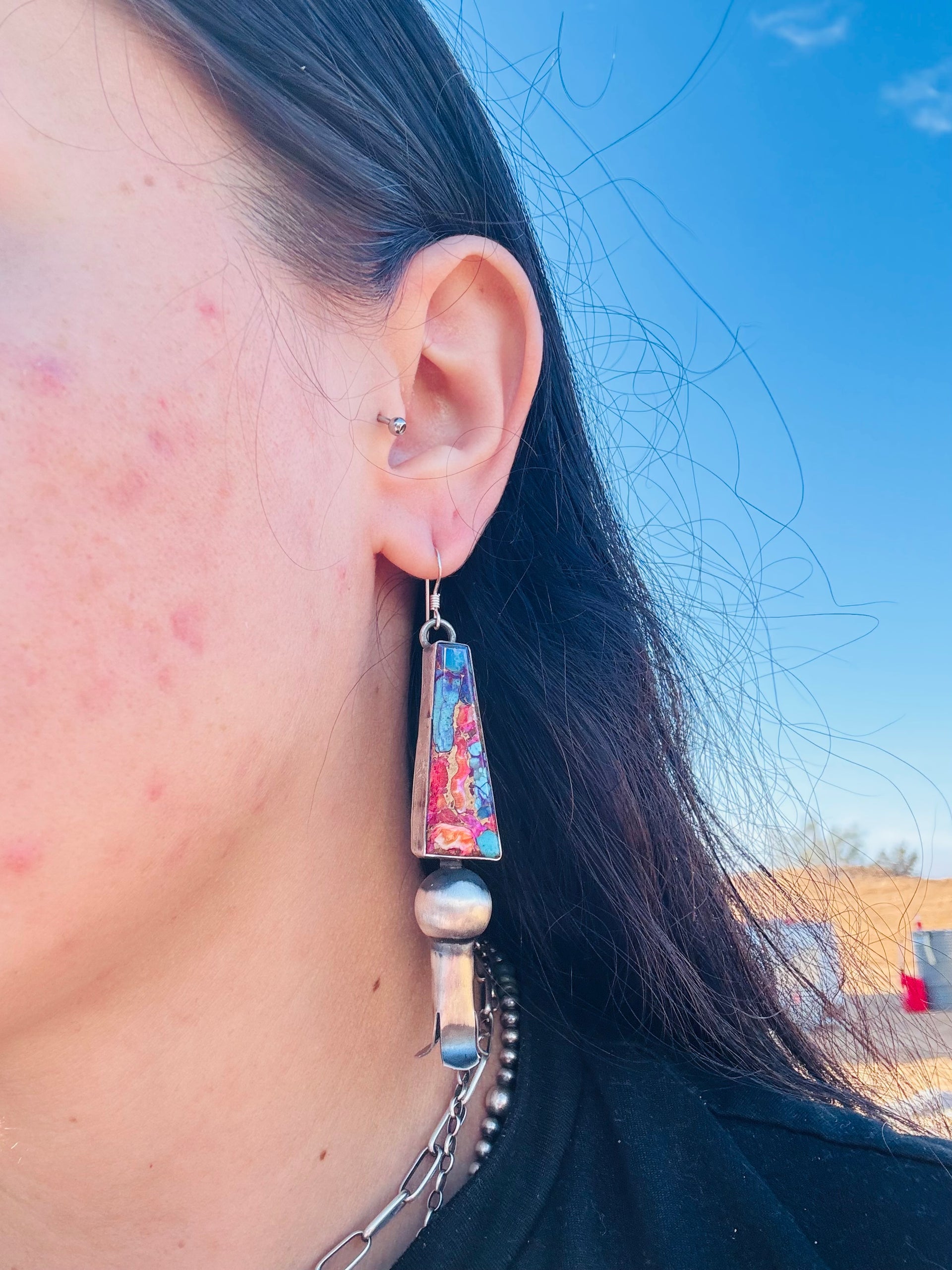 Tia Long Mohave Turquoise & Sterling Silver Dangle Blossom Earrings