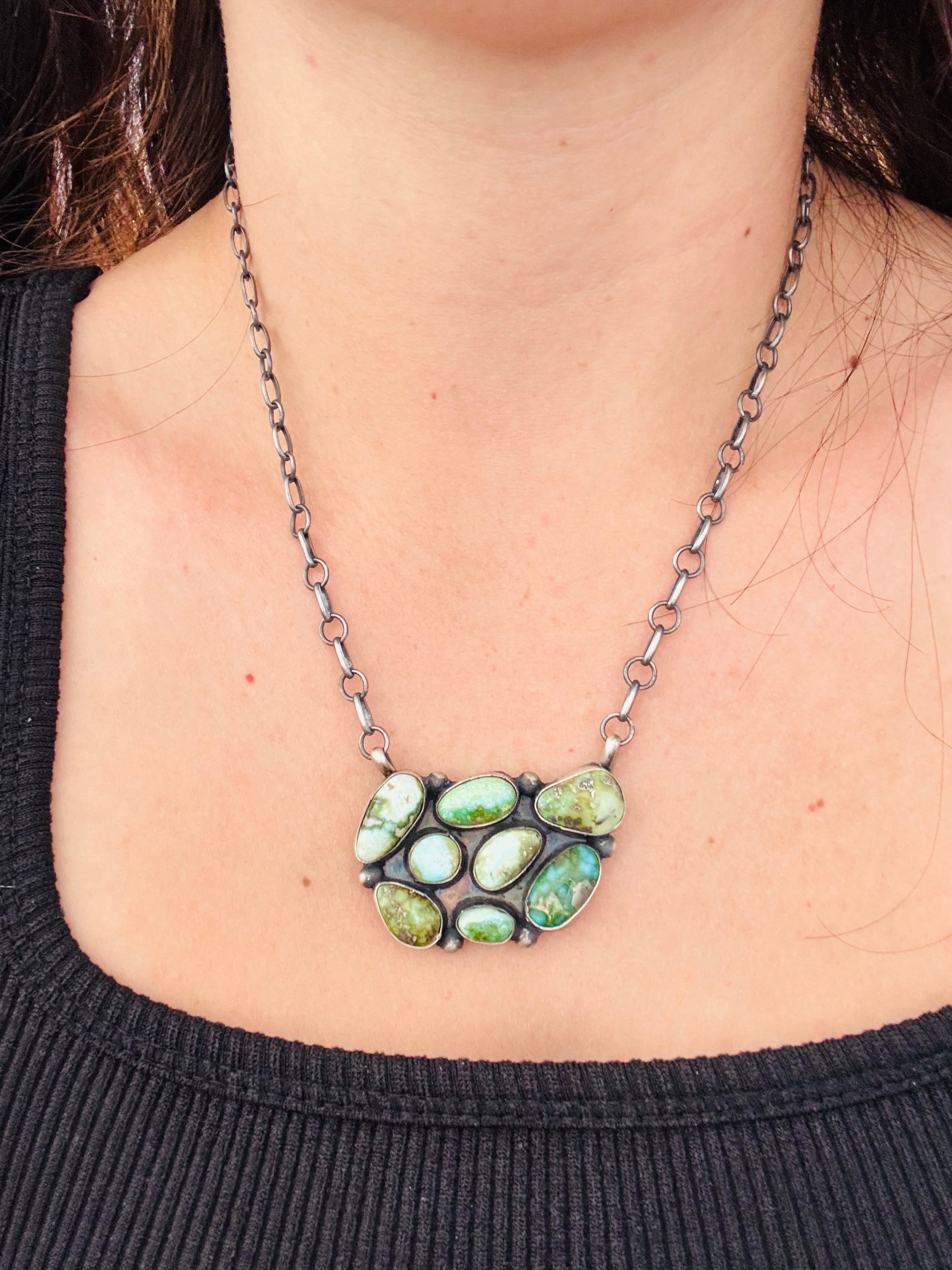 Navajo Made Mixed Turquoise & Sterling Silver Cluster Necklace