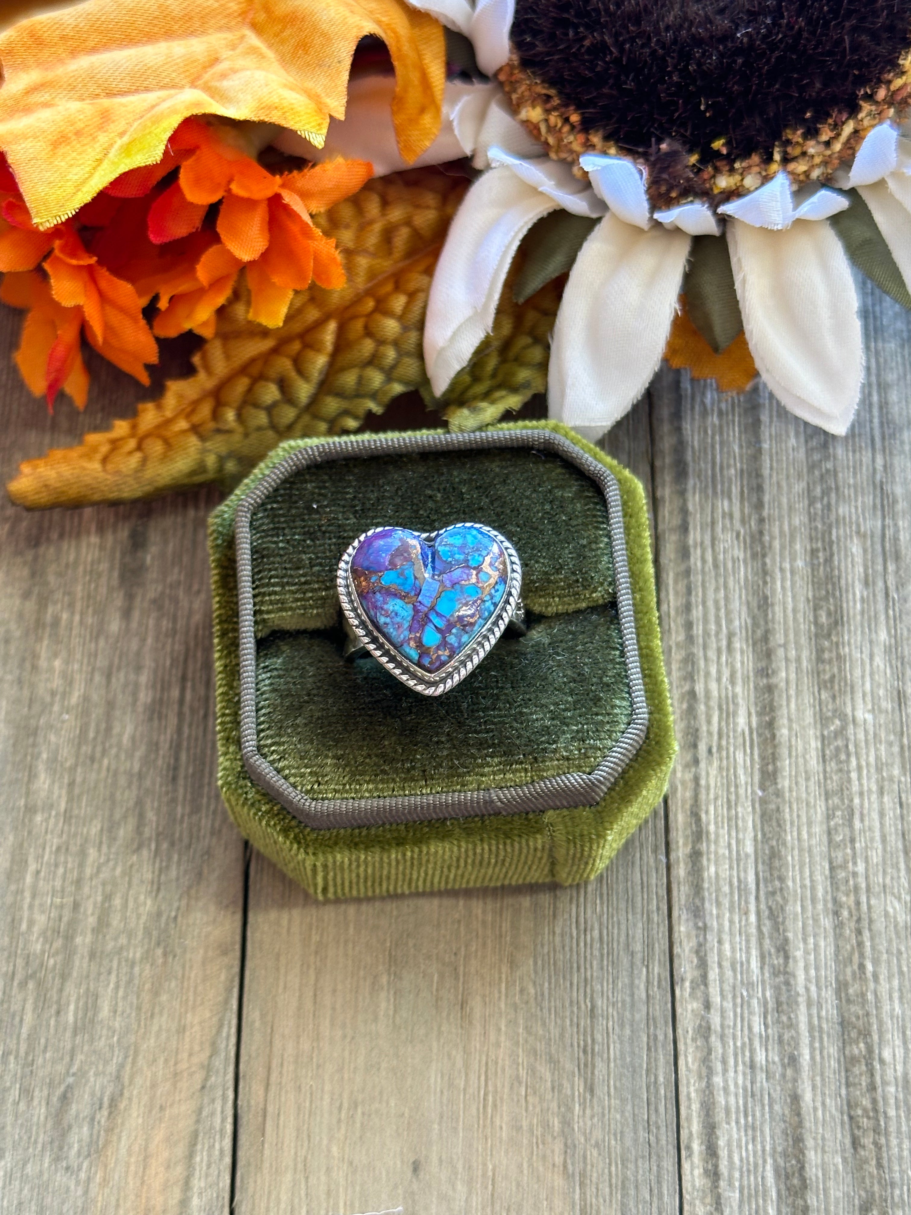 Southwest Handmade Mohave Turquoise & Sterling Silver Adjustable Heart Ring