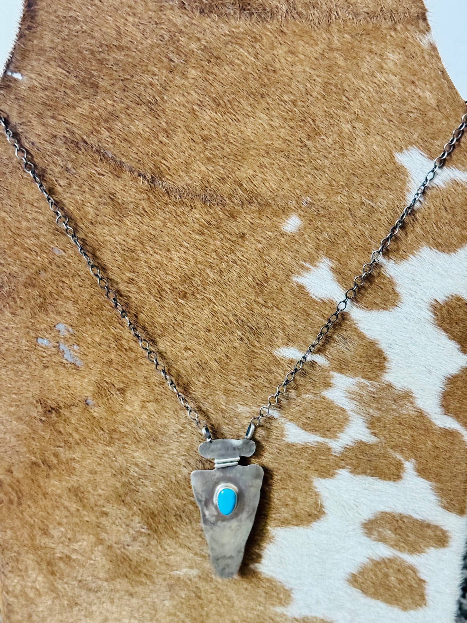 Navajo Made Kingman Turquoise & Sterling Silver Arrow Necklace