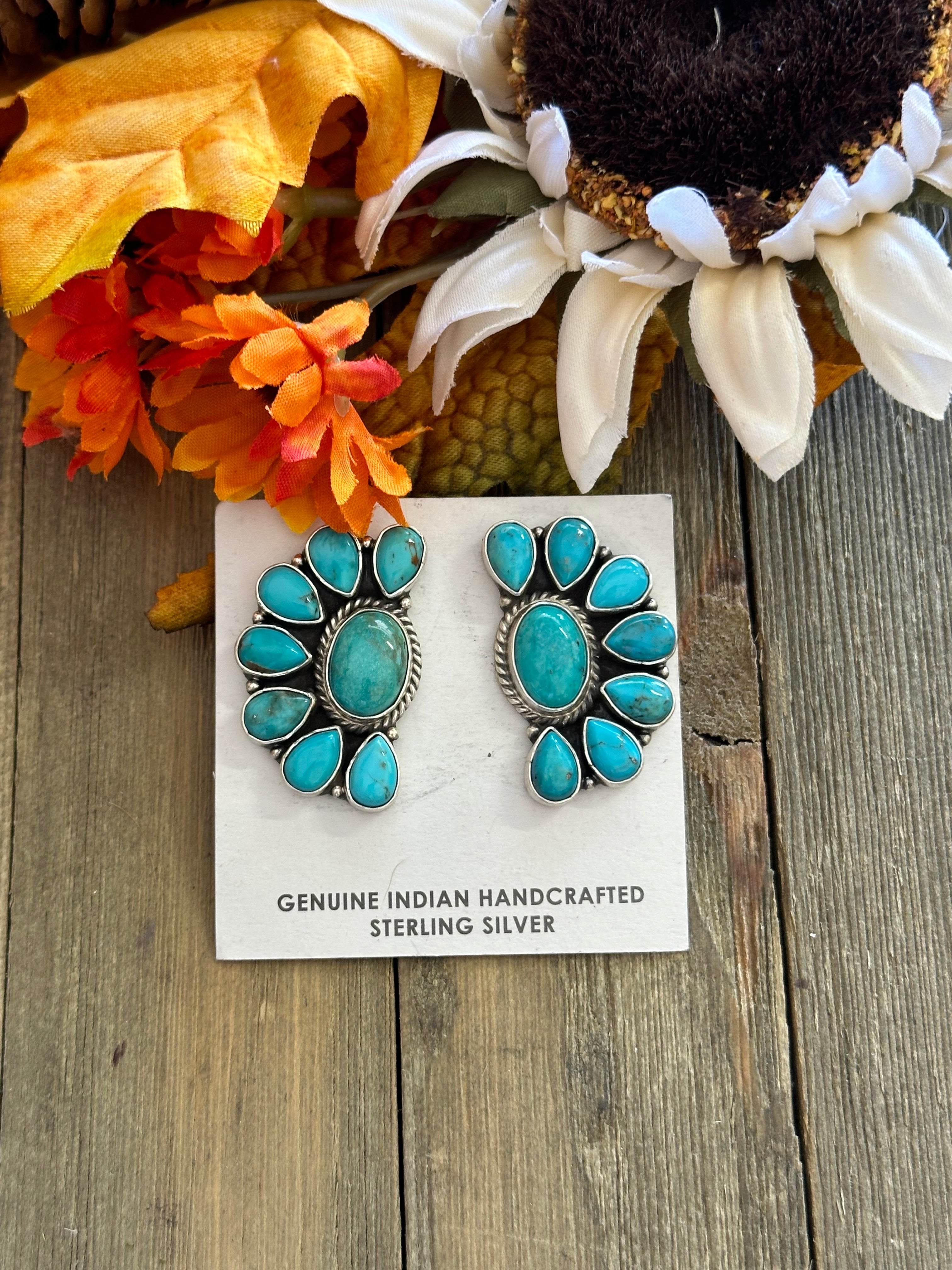Belinda Begay Kingman Turquoise& Sterling Silver Post Dangle Cluster Earrings