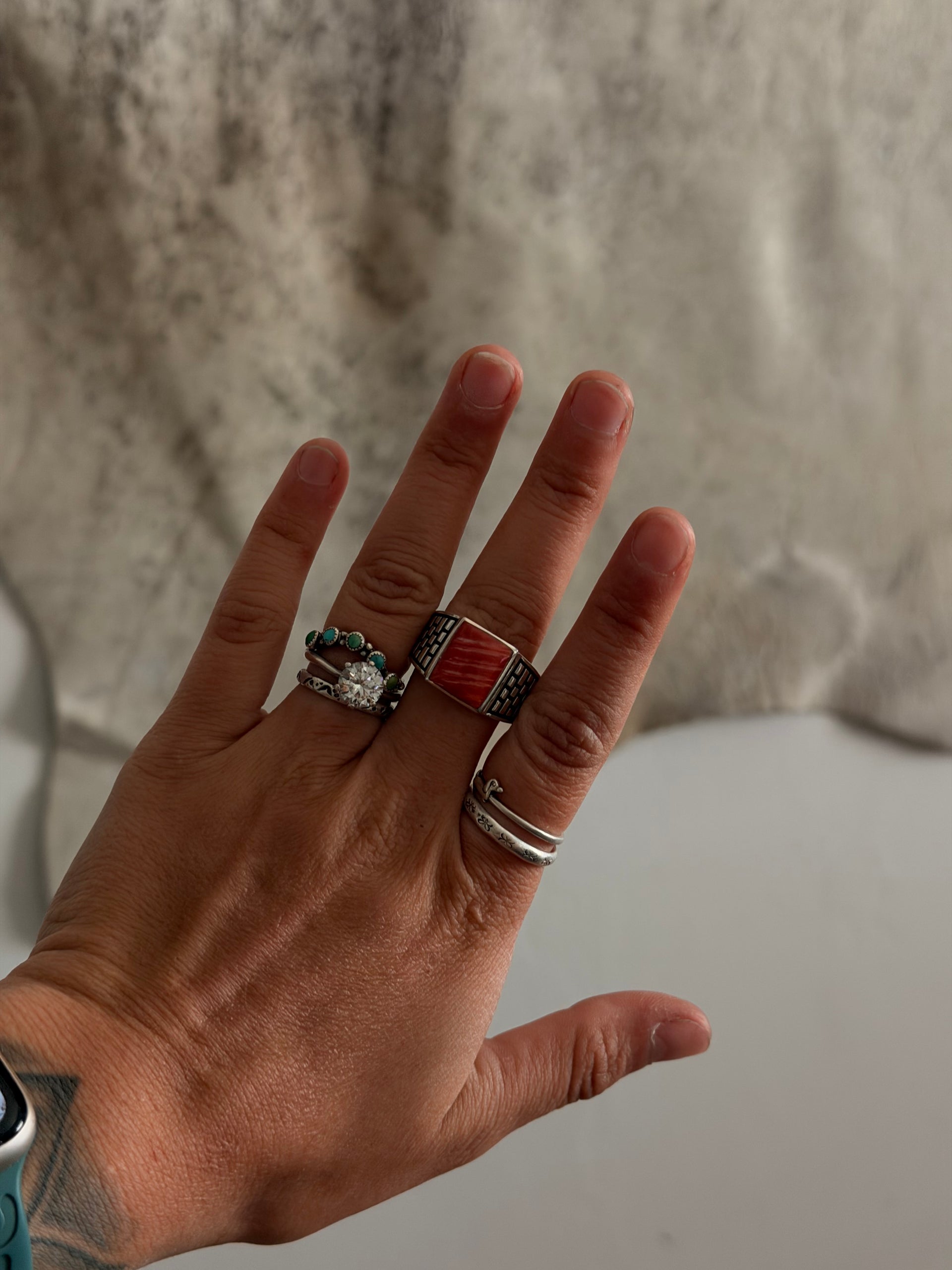 Navajo Made Spiny Oyster & Sterling Silver Cast Ring Size 9