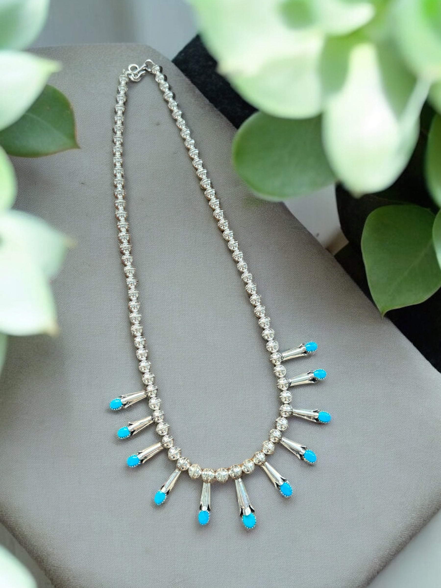 Navajo Made Sleeping Beauty Turquoise & Sterling Sliver Blossom Necklace