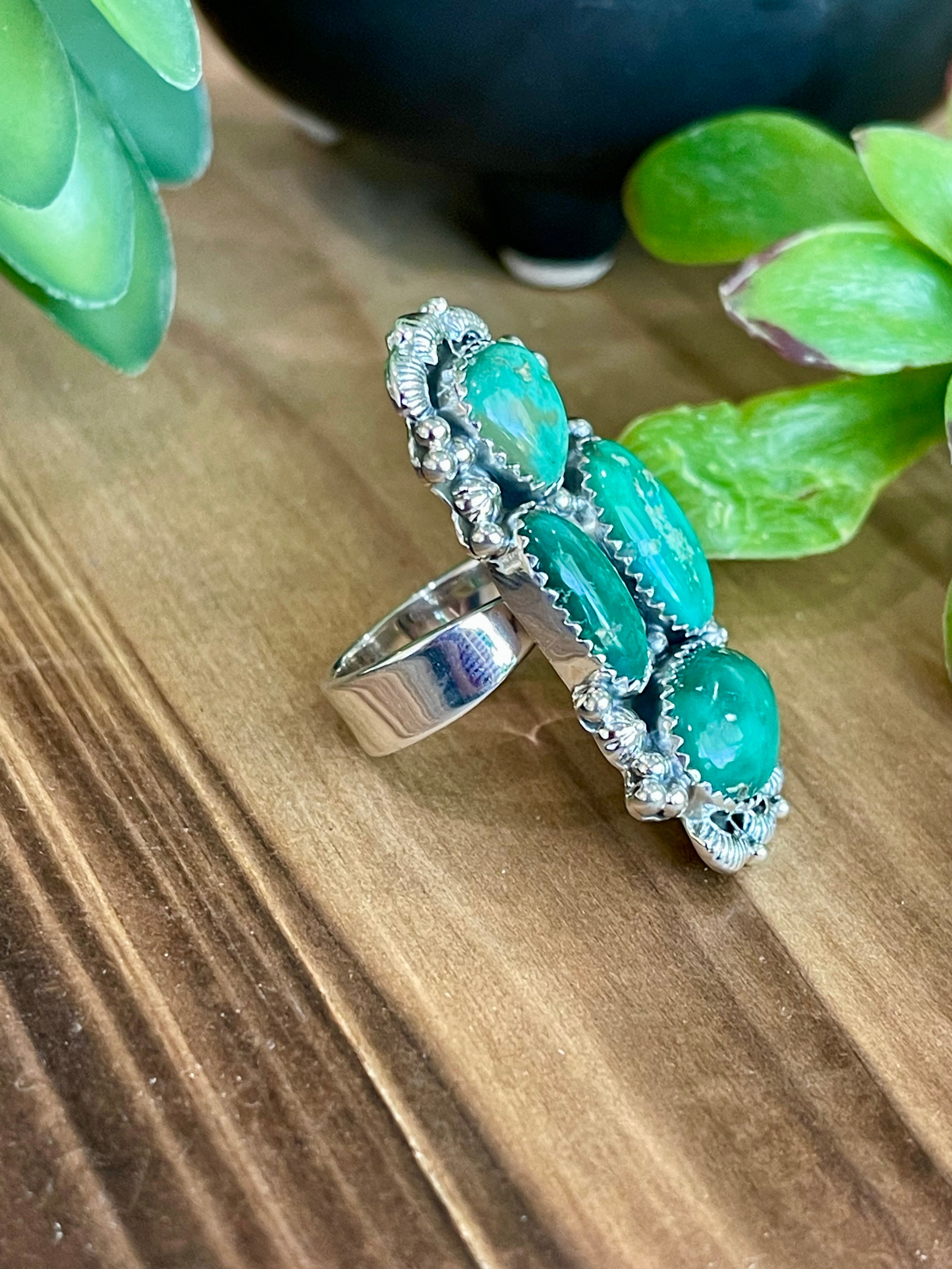 Southwest Handmade Emerald Valley Turquoise & Sterling Silver Adjustable Cluster Ring