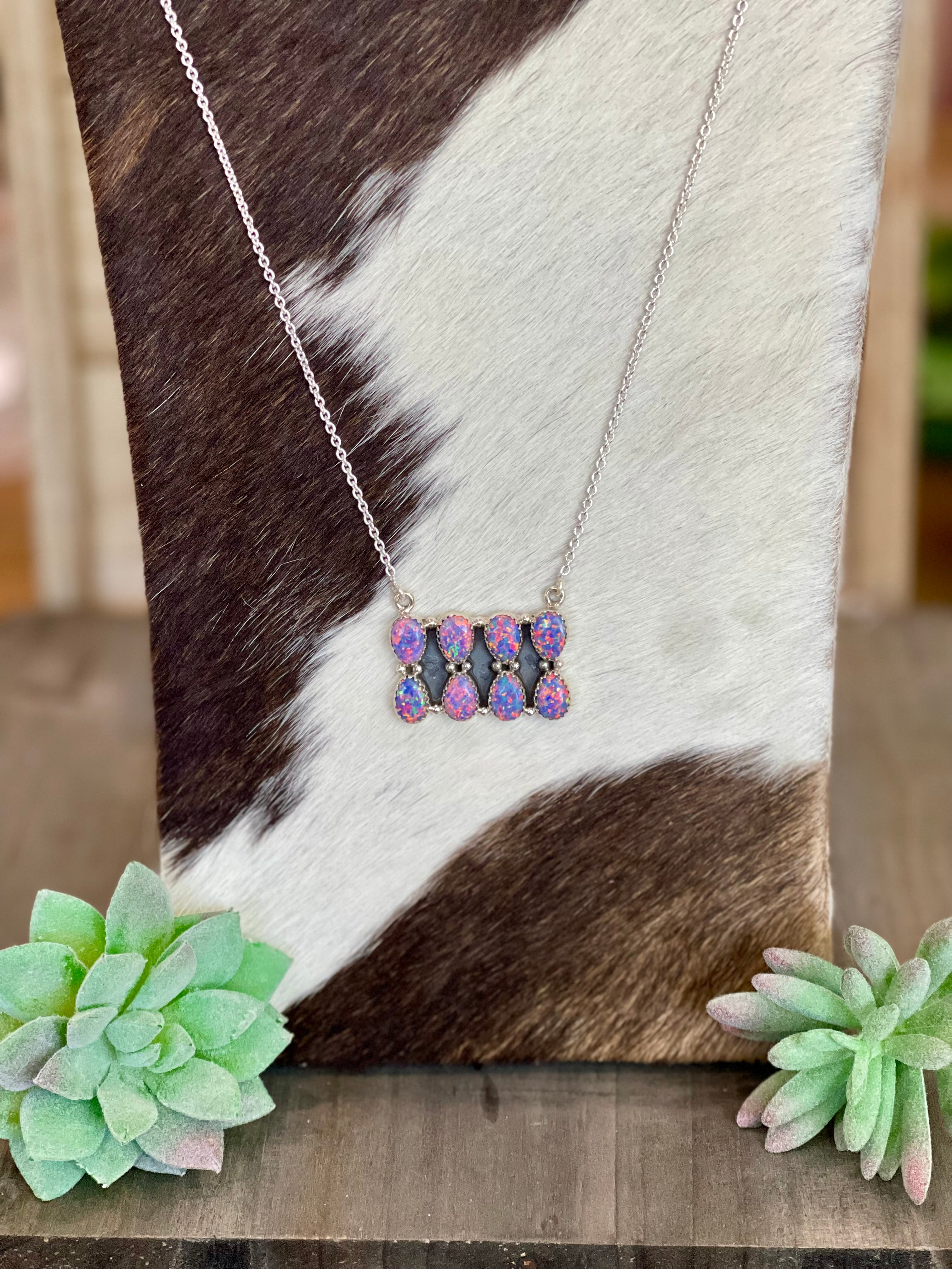 Southwest Handmade Purple Opal & Sterling Silver Cluster Bar Necklace