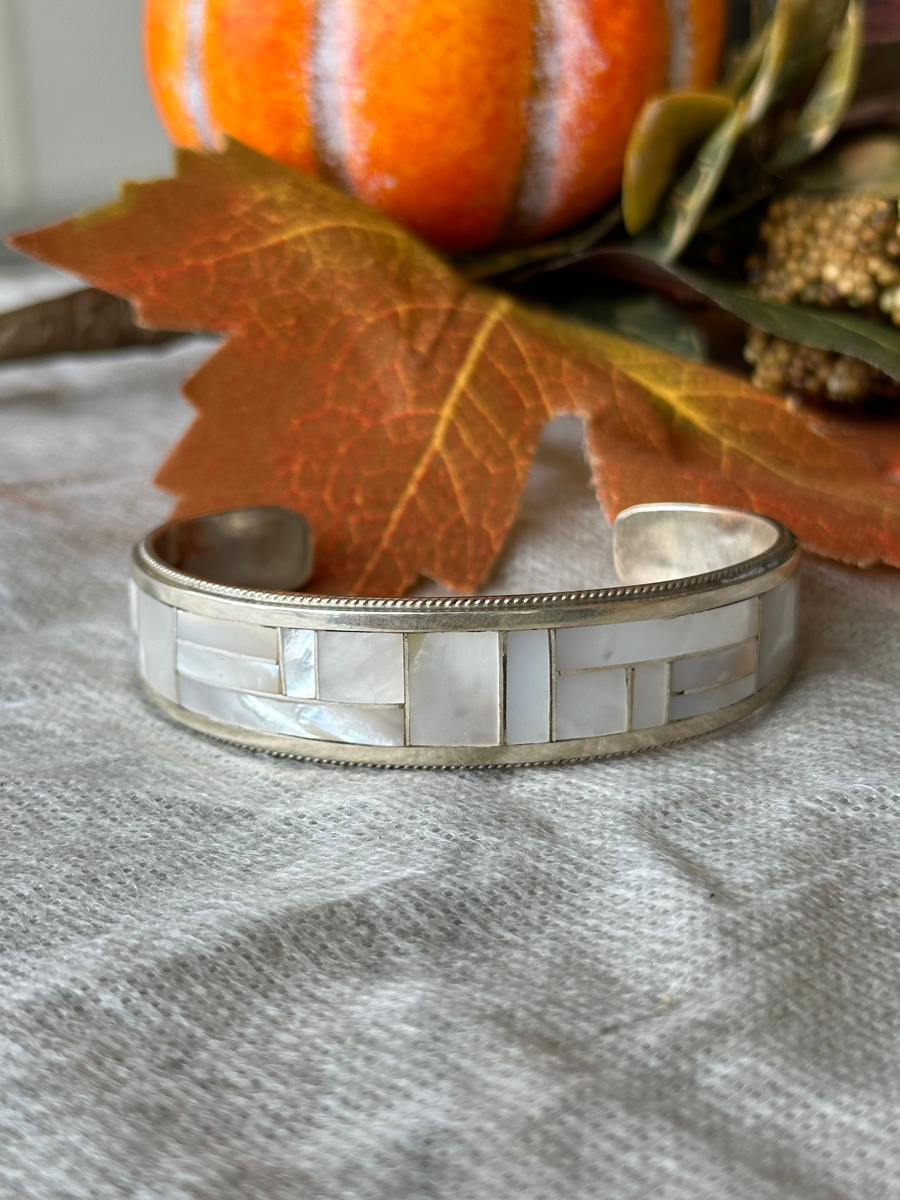 Navajo Made Mother of Pearl & Sterling Silver Inlay Cuff Bracelet