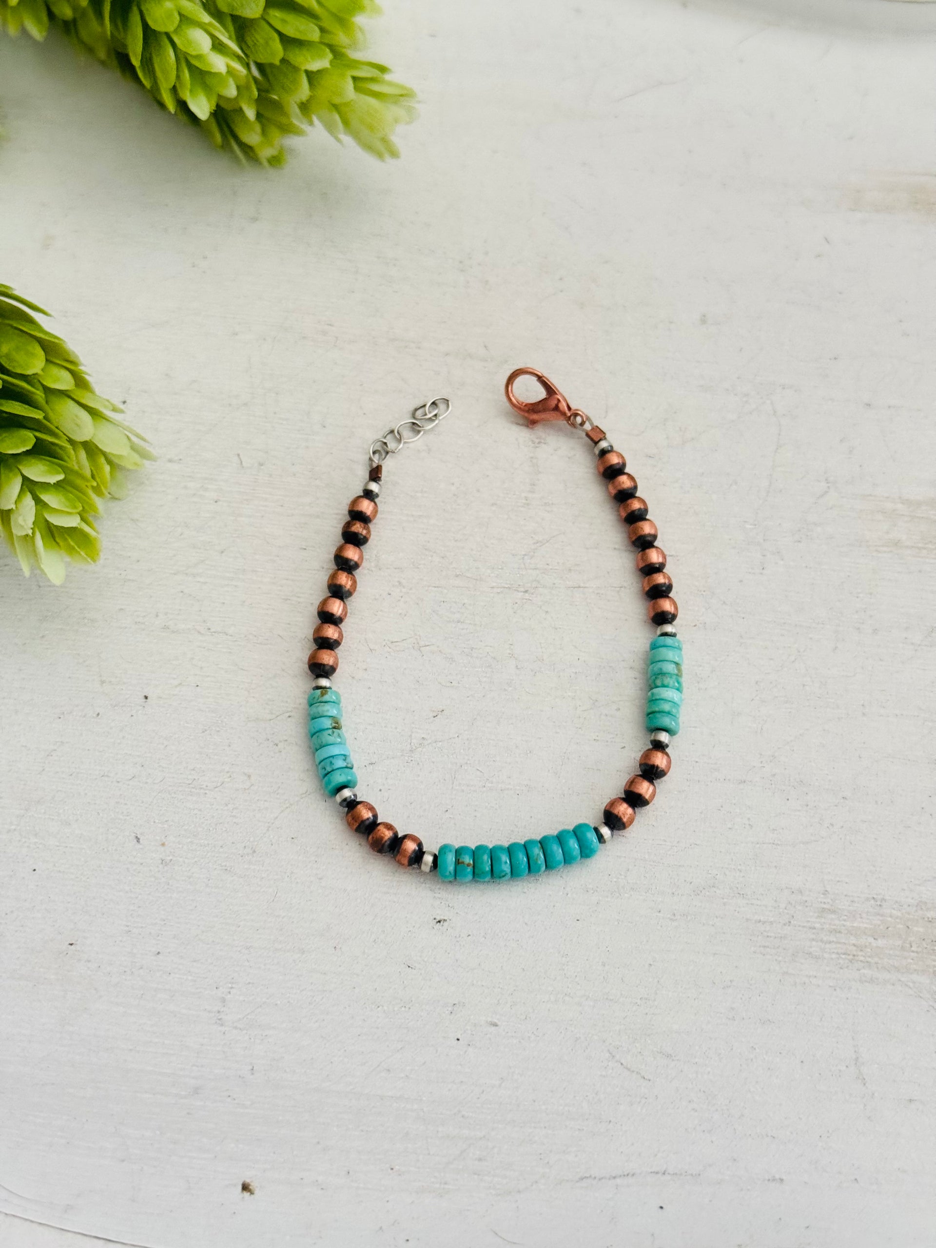 Navajo Strung Kingman Turquoise & Copper Pearls Beaded Bracelet