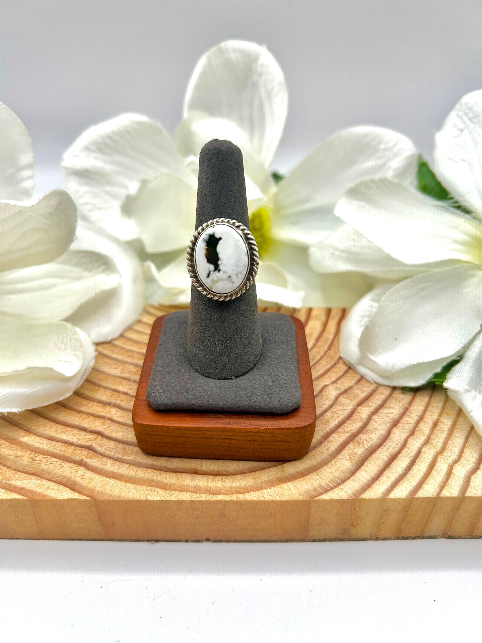 Navajo Made White Buffalo & Sterling Silver Adjustable Ring