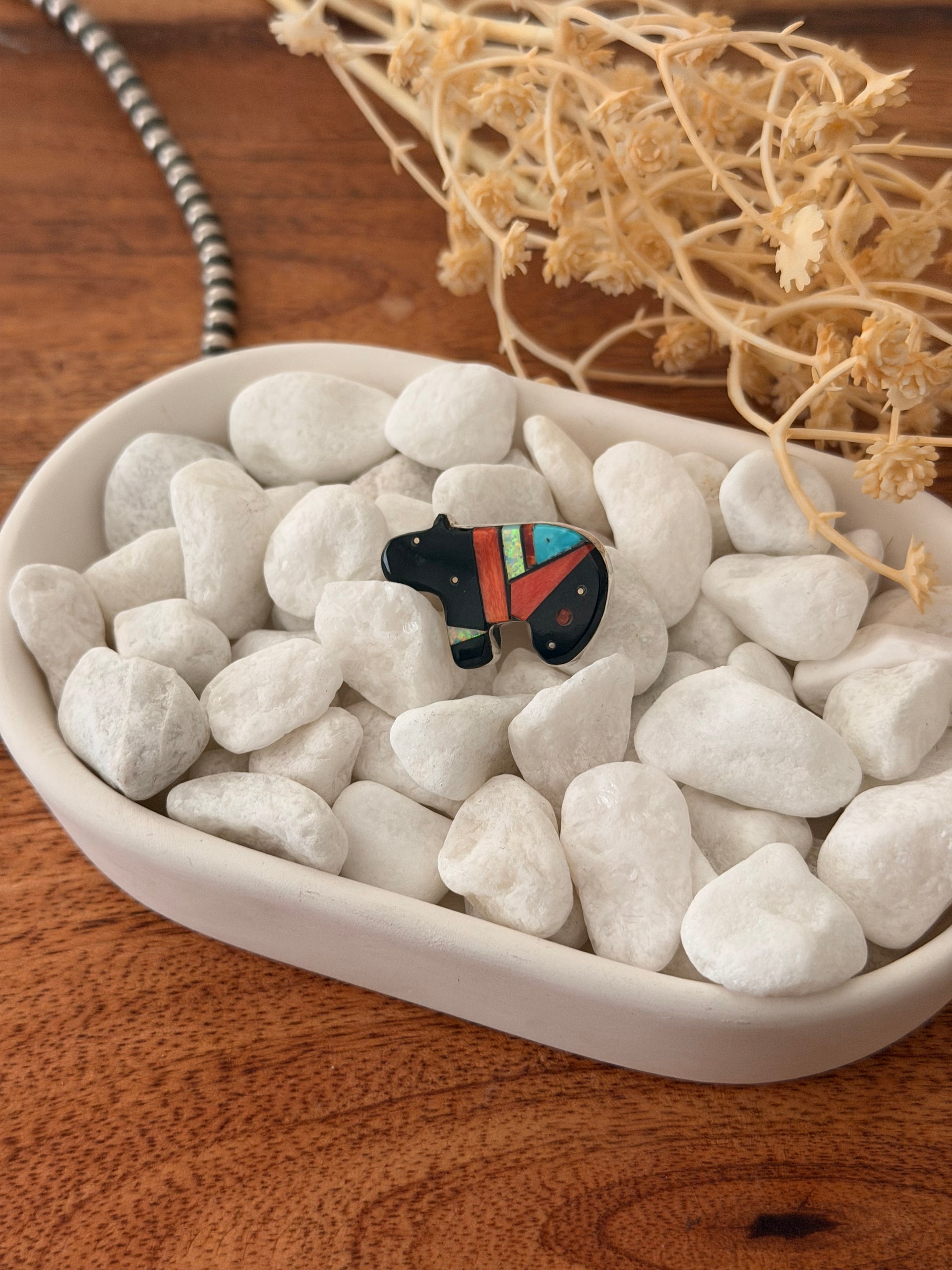 Navajo Made Multi Stone & Sterling Silver Inlay Bear Pin