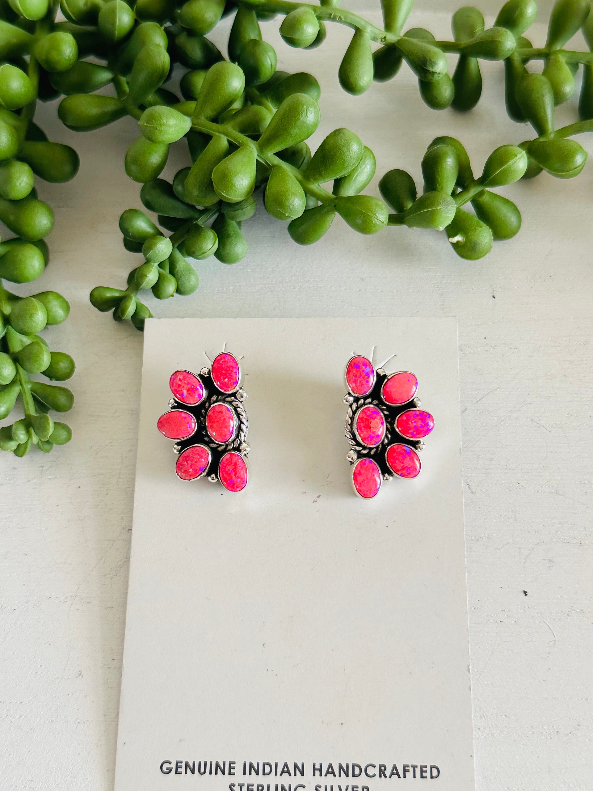 Southwest Handmade Pink Opal & Sterling Silver Post Cluster Earrings