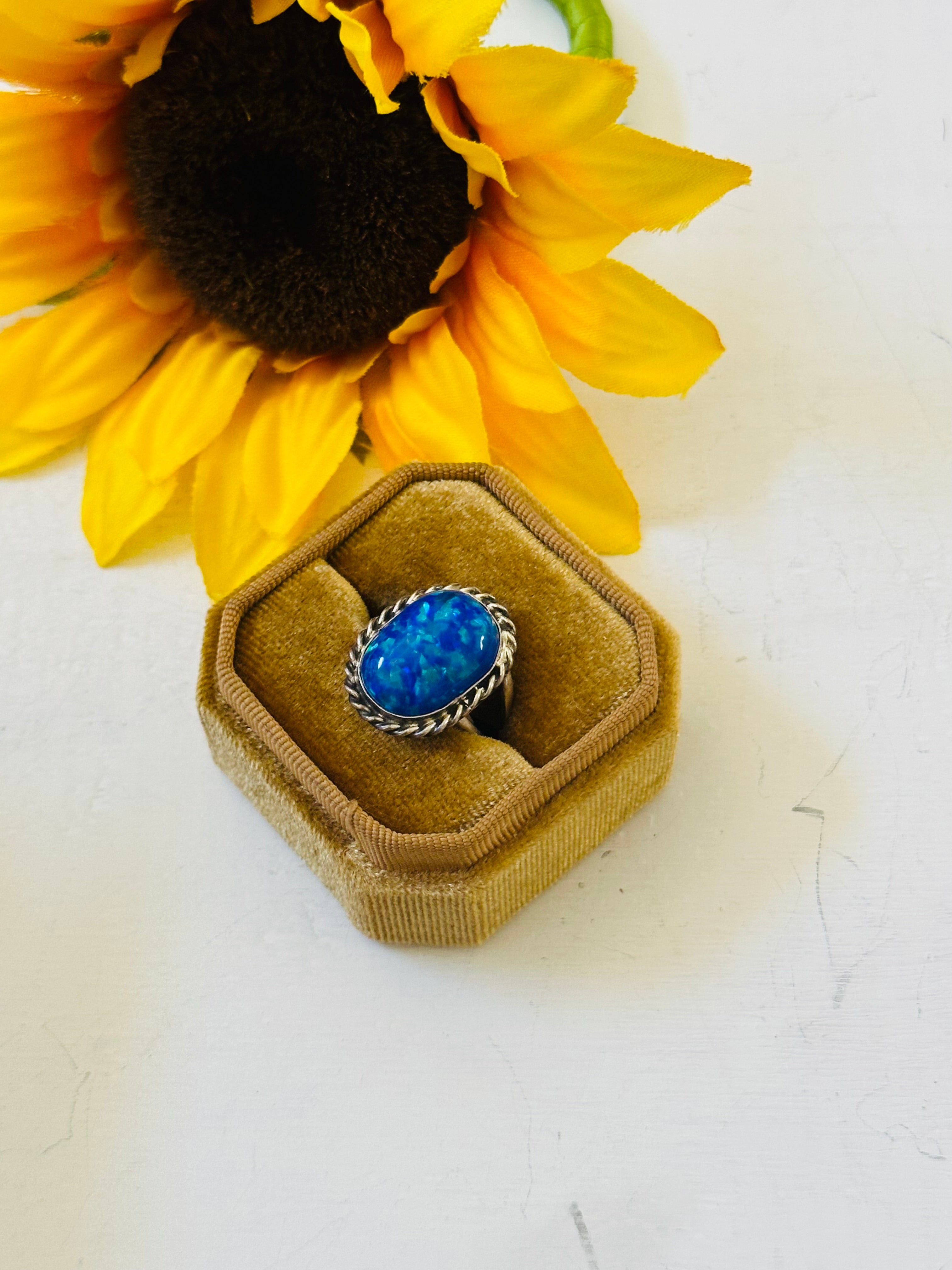 Navajo Made Blue Opal & Sterling Silver Ring Size 8.5