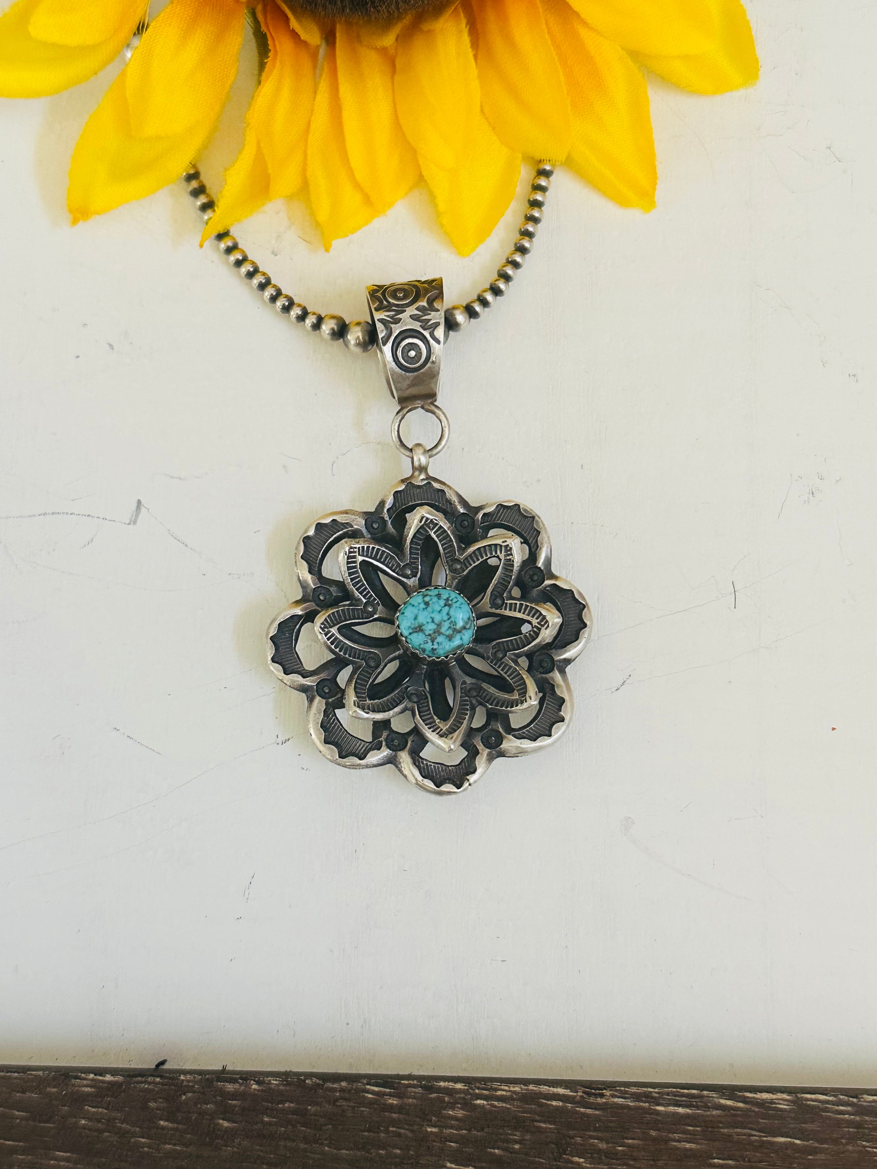 Kindale Billah Kingman Turquoise & Sterling Silver Flower Pendant