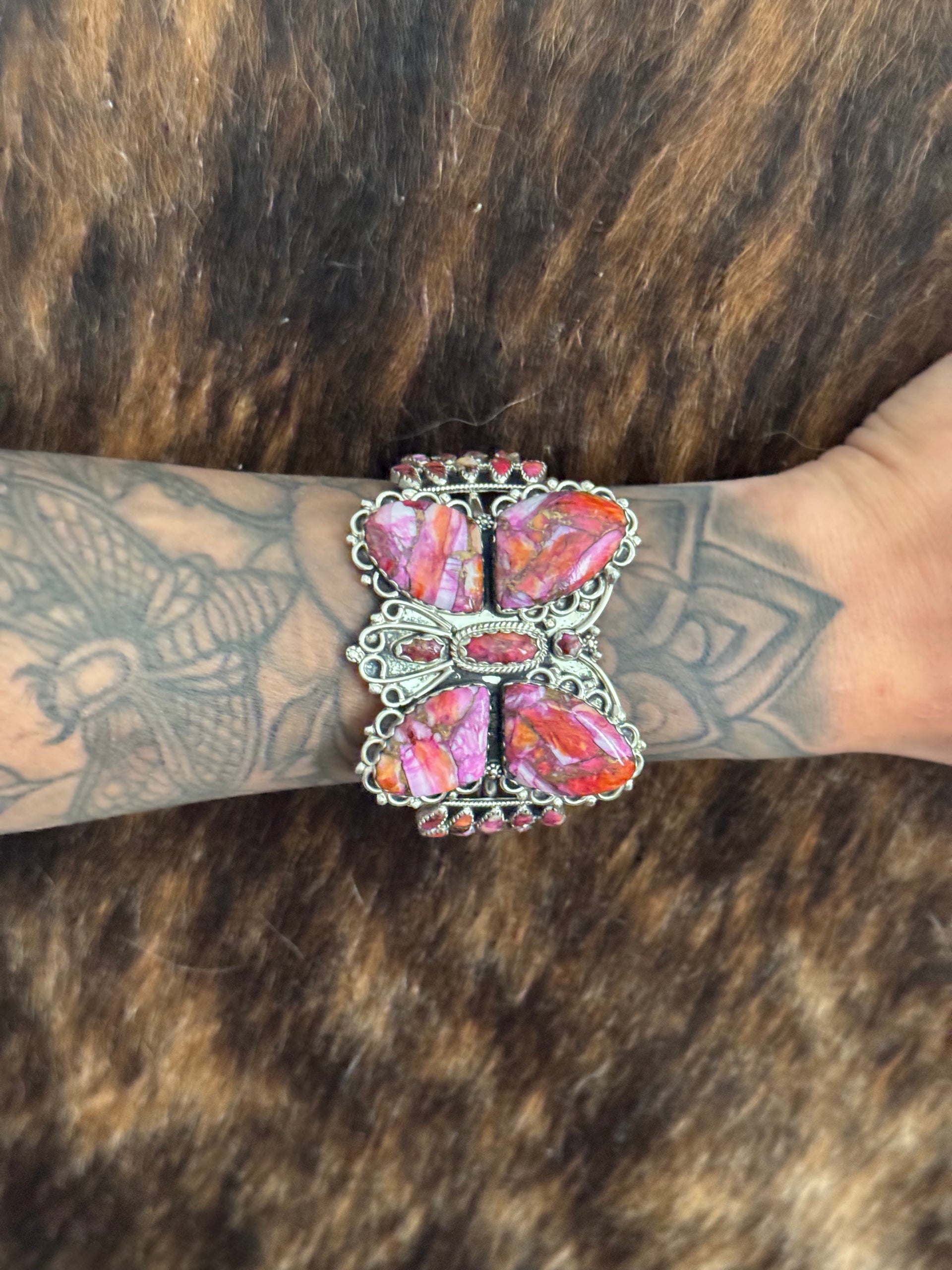 Navajo Made Pink Mohave Turquoise & Sterling Silver Butterfly Cuff Bracelet