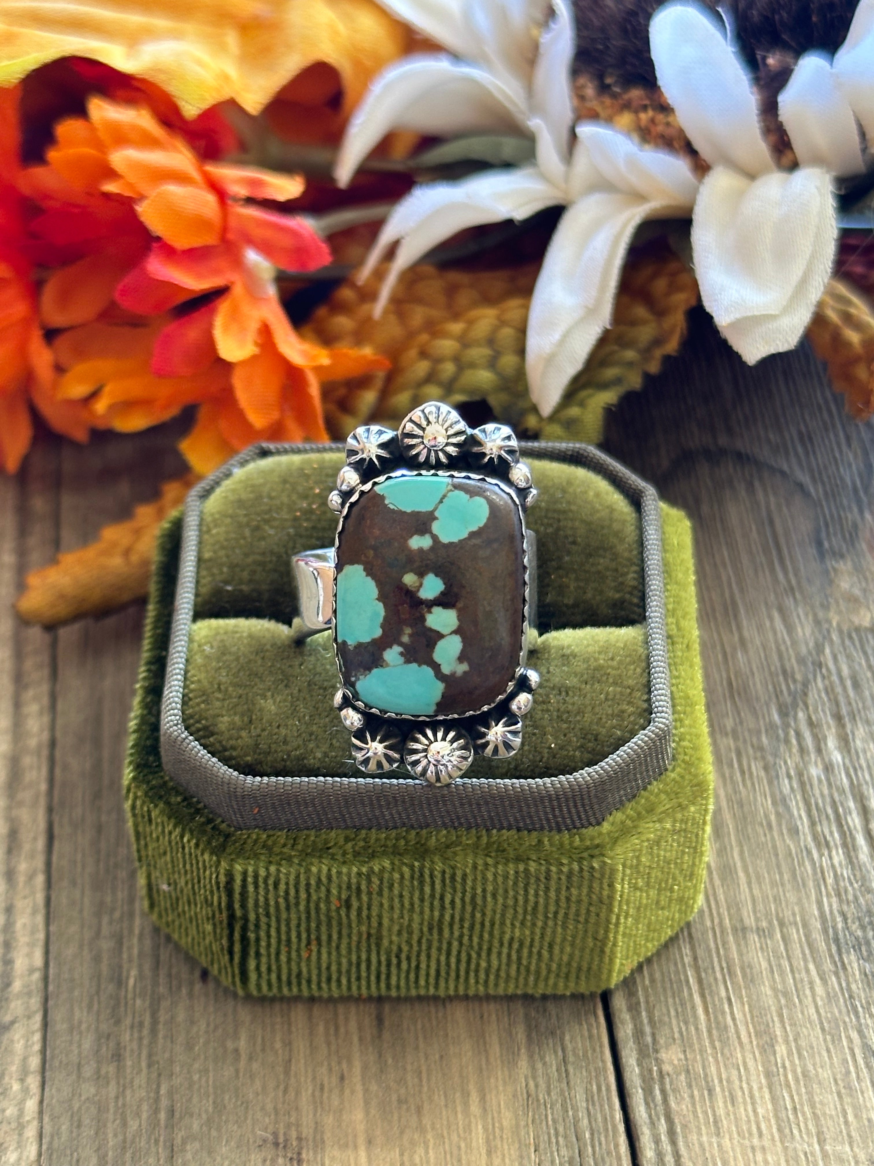 Southwest Handmade #8 Turquoise & Sterling Silver Adjustable Ring