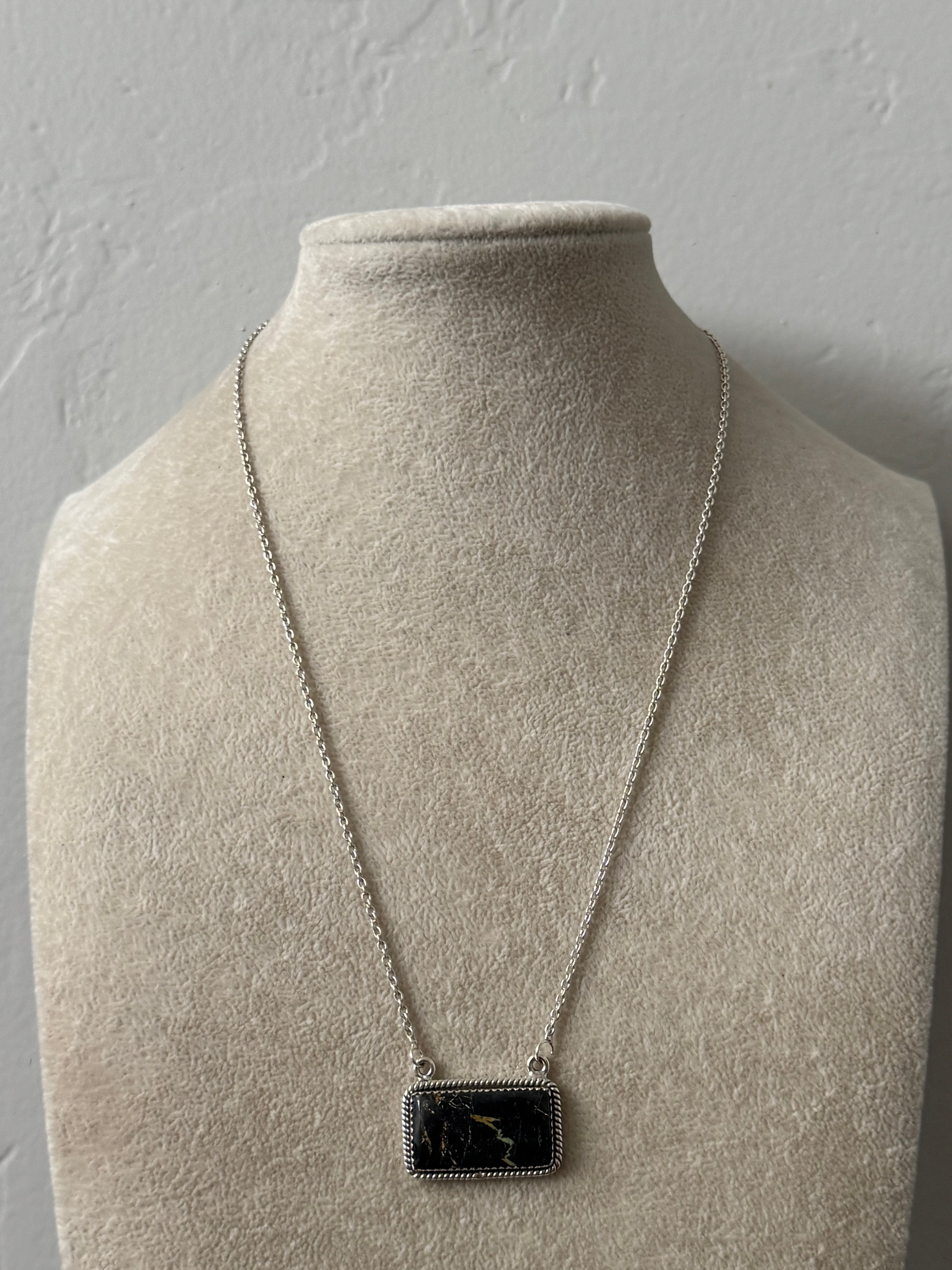 Southwest Handmade Black Jack Turquoise & Sterling Silver Bar Necklace