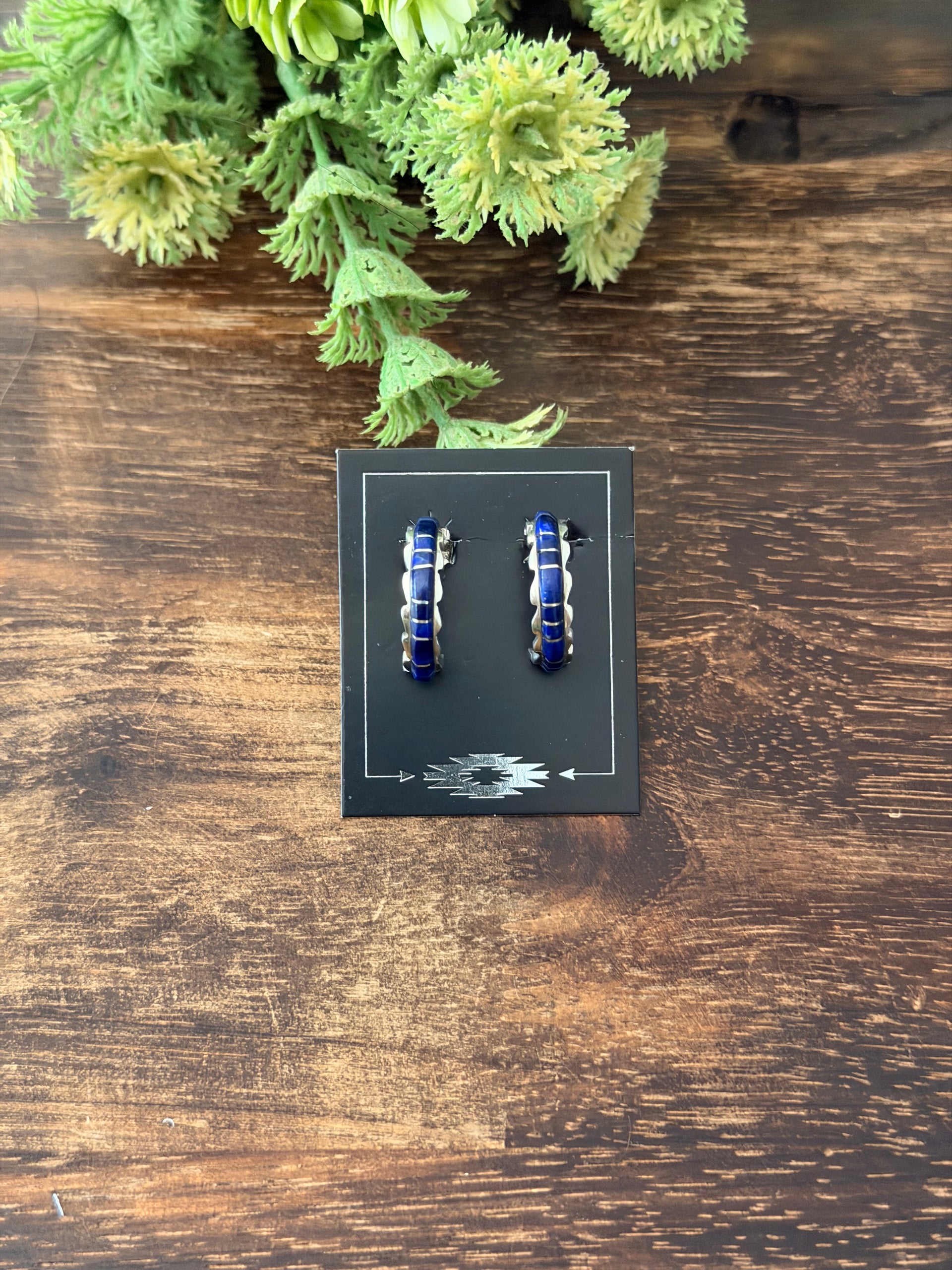 Zuni Handmade Lapis & Sterling Silver Post Hoop Earrings