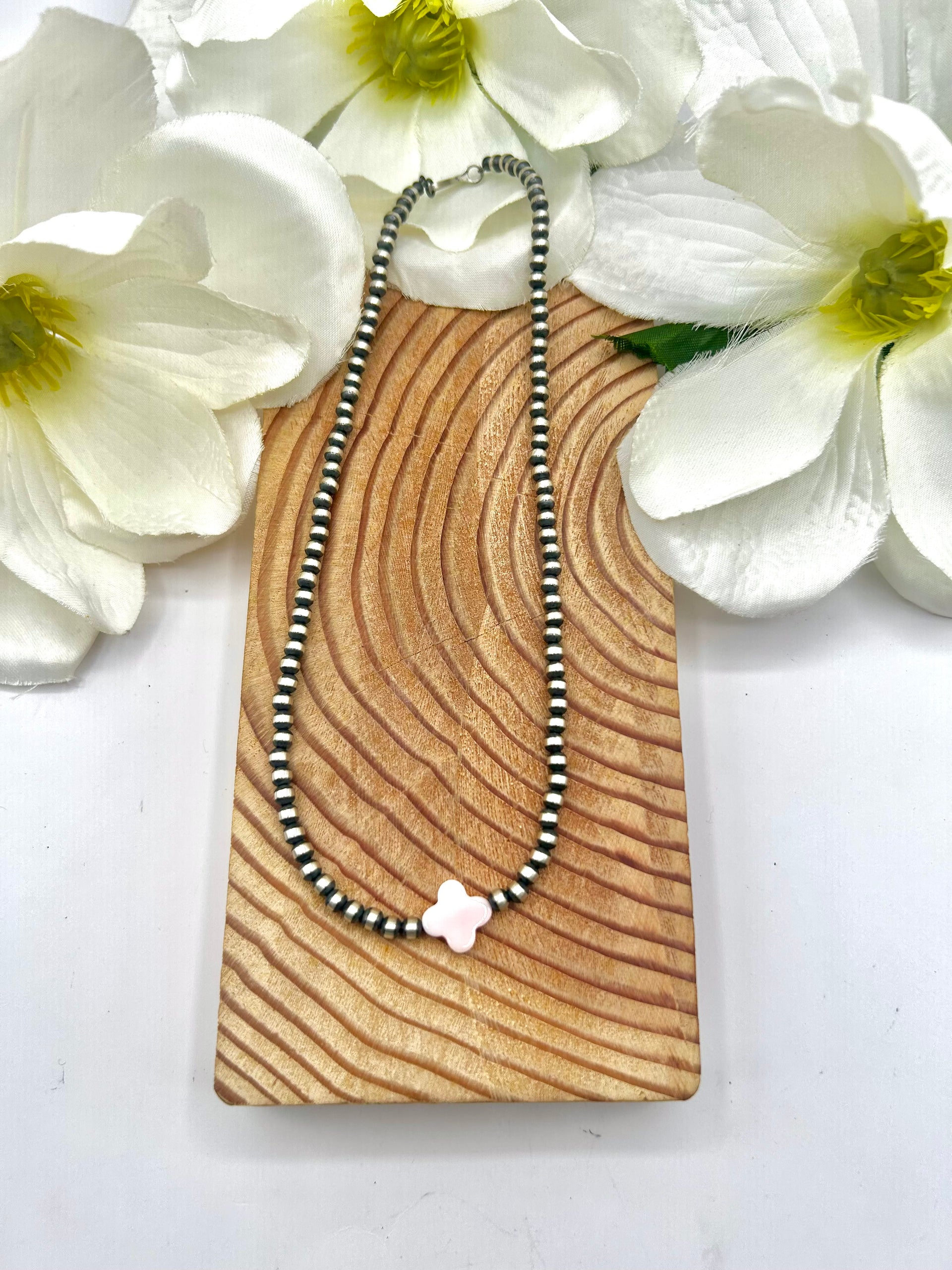 Navajo Made Strung Pink Conch & Sterling Silver Necklace