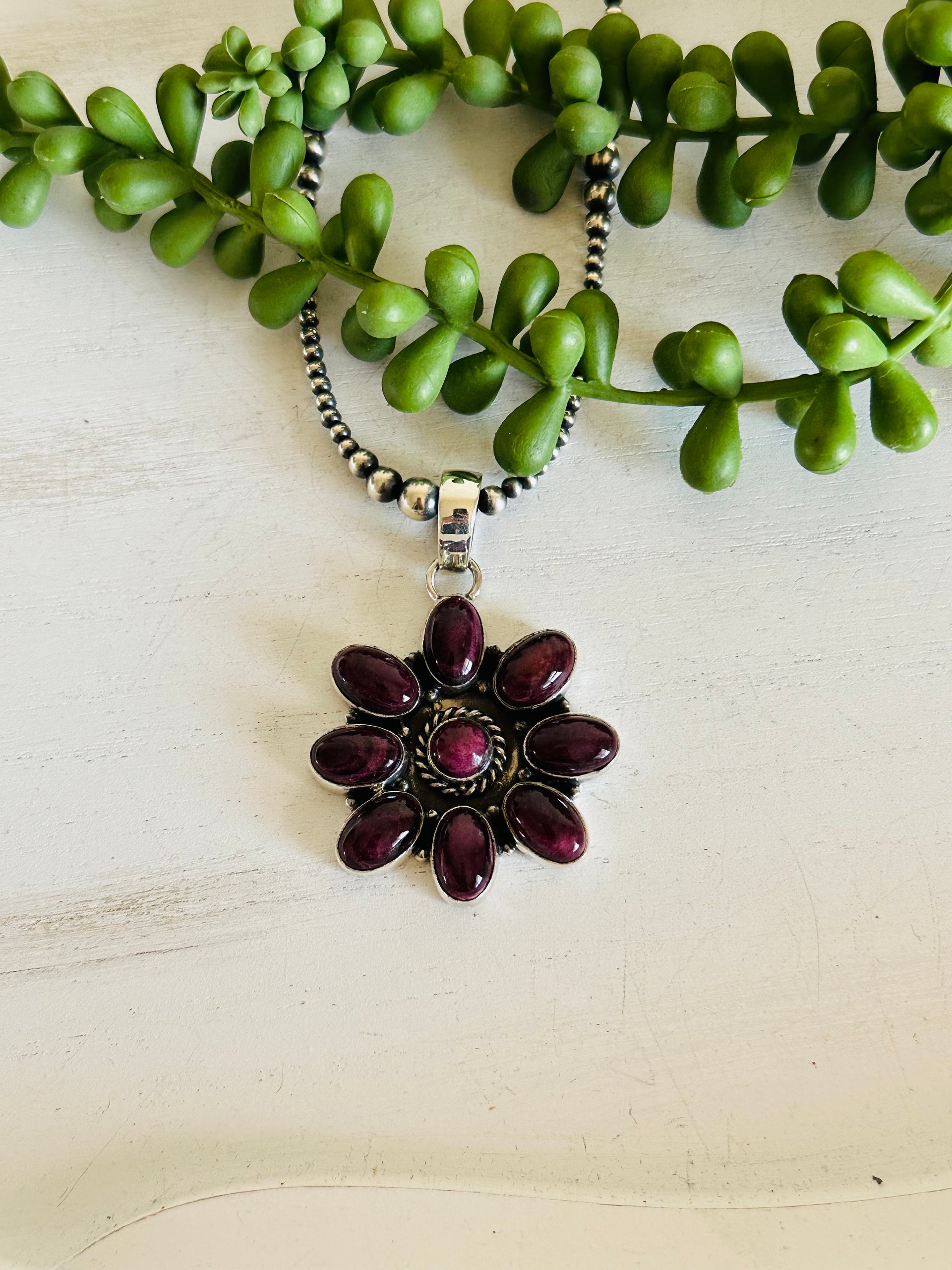 Southwest Handmade Purple Spiny Oyster & Sterling Silver Cluster Pendant