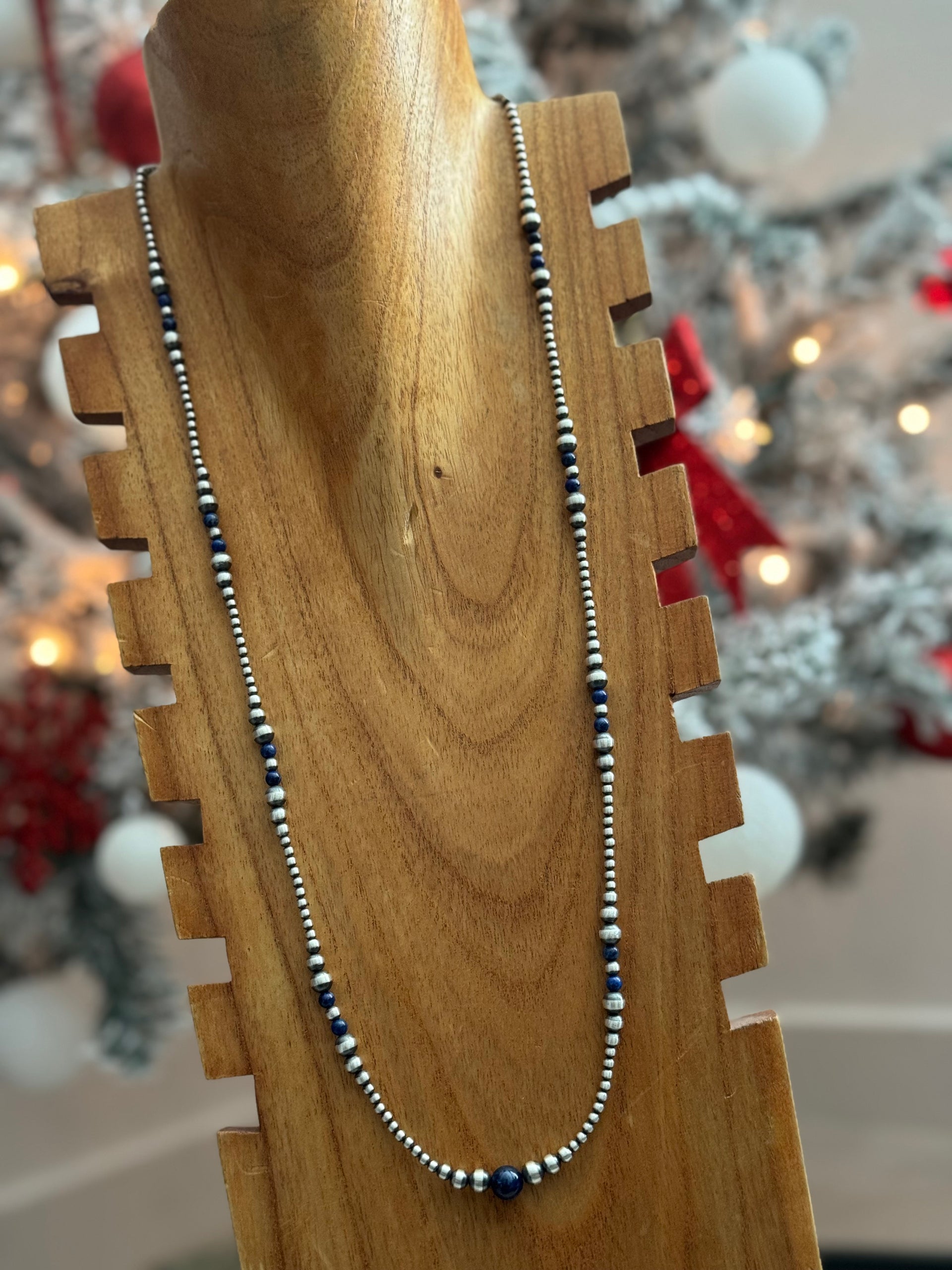 Navajo Strung Lapis & Sterling Silver Graduated Pearl Necklace