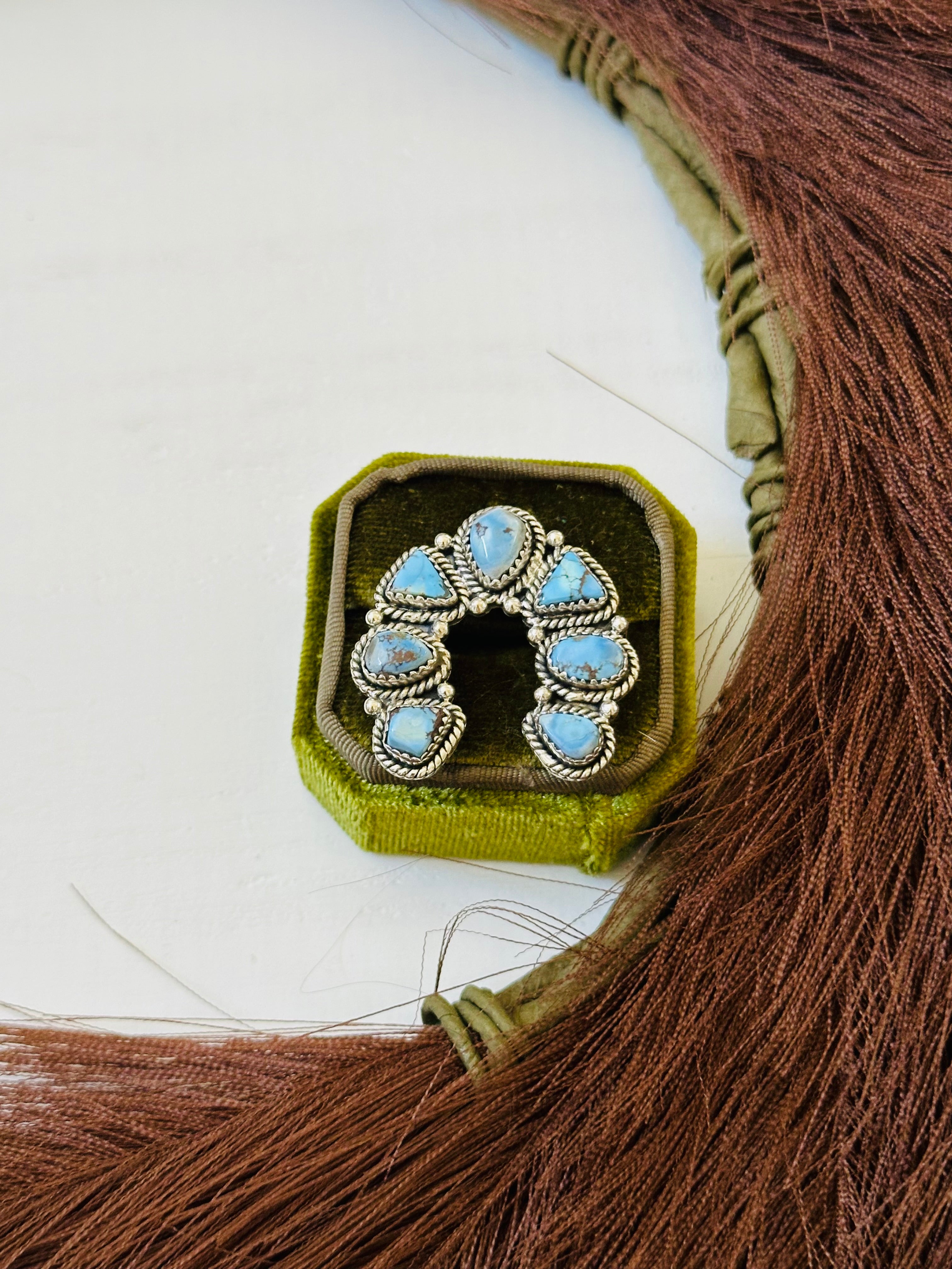 TTD “Prosperous” Golden Hills Turquoise & Sterling Silver Adjustable Cluster Naja Ring