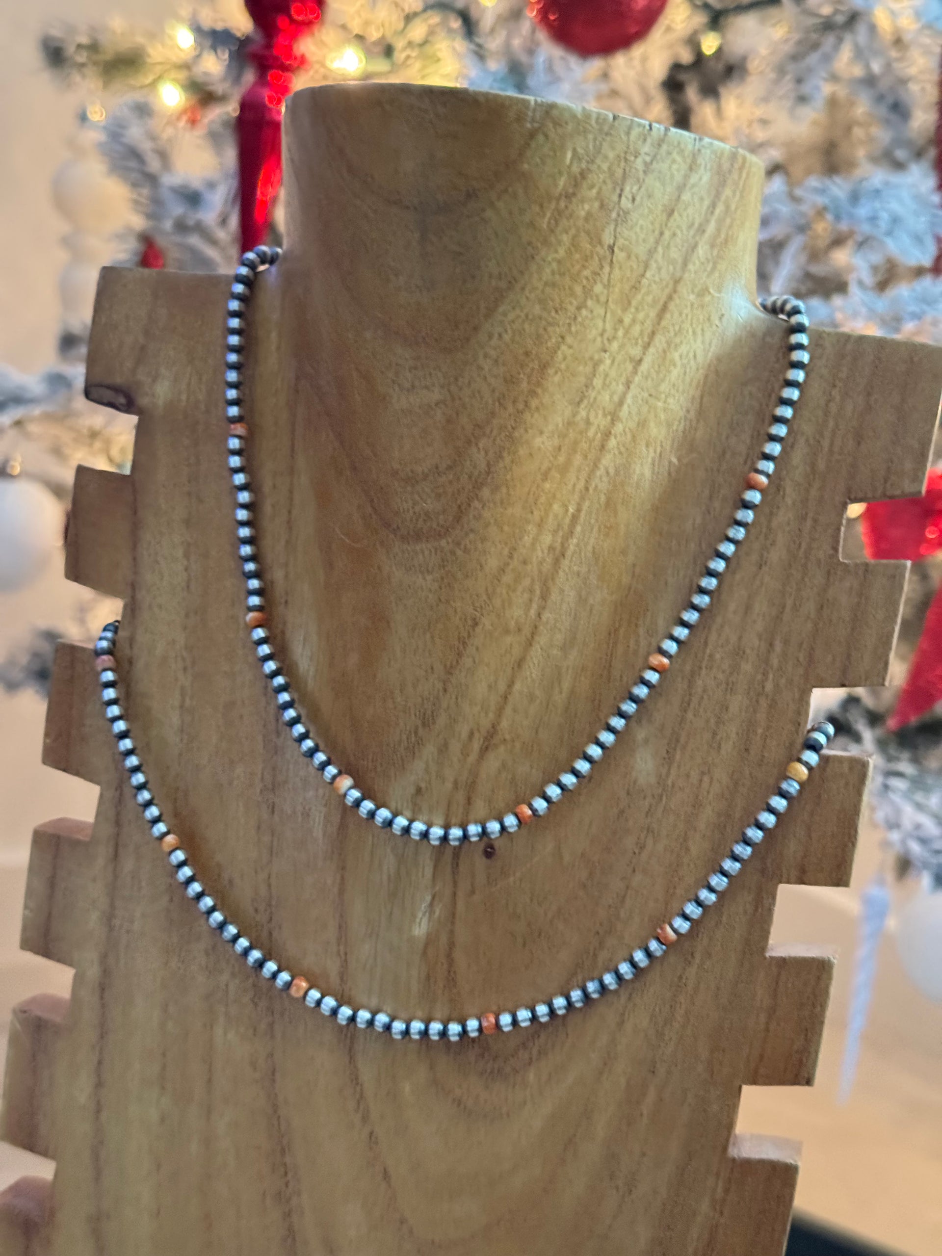 Navajo Strung Red/Orange Spiny Oyster & Sterling Silver Pearl Necklace