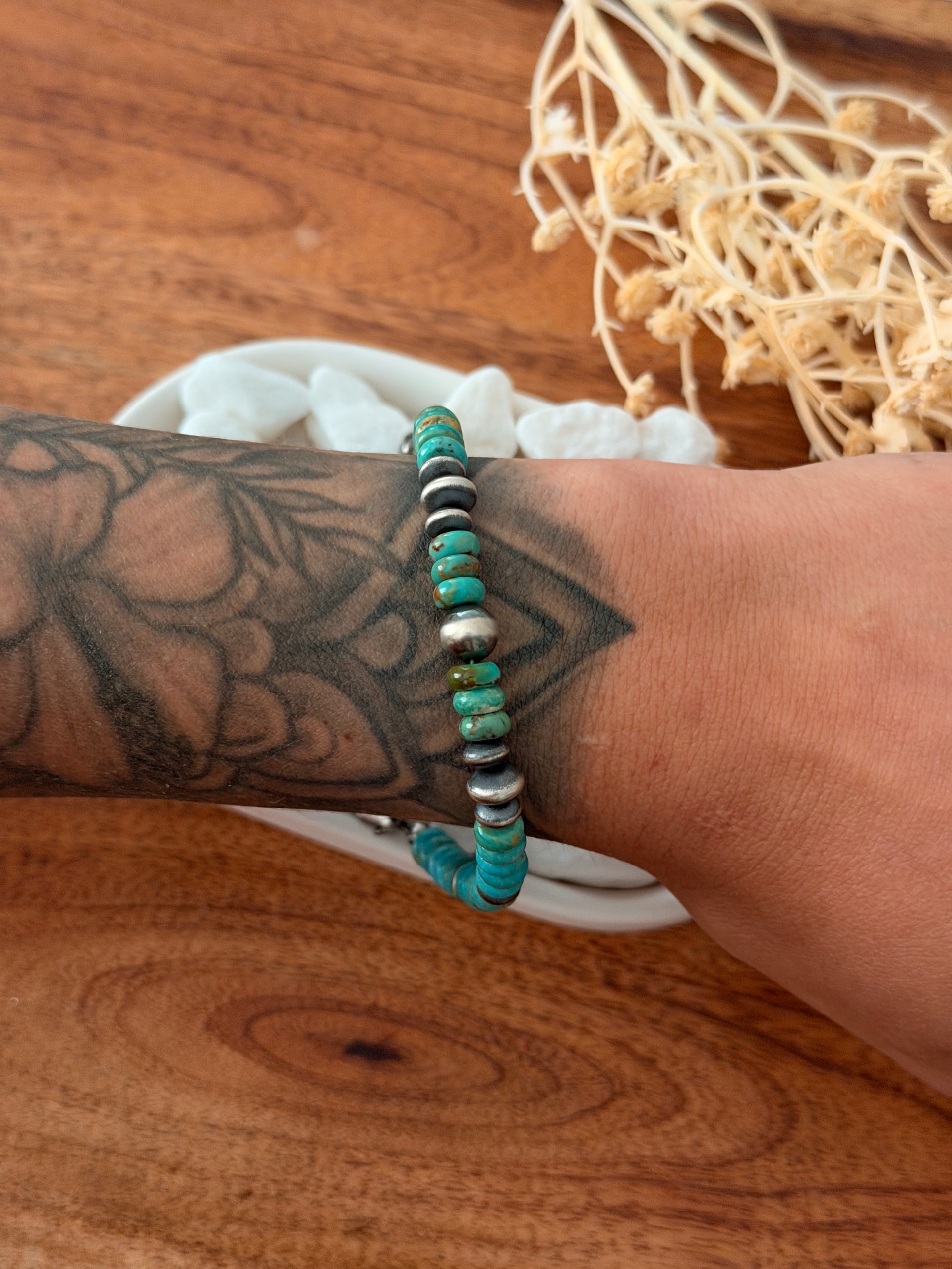 Mary Salazar Kingman Turquoise & Sterling Silver Beaded Pearl Bracelet
