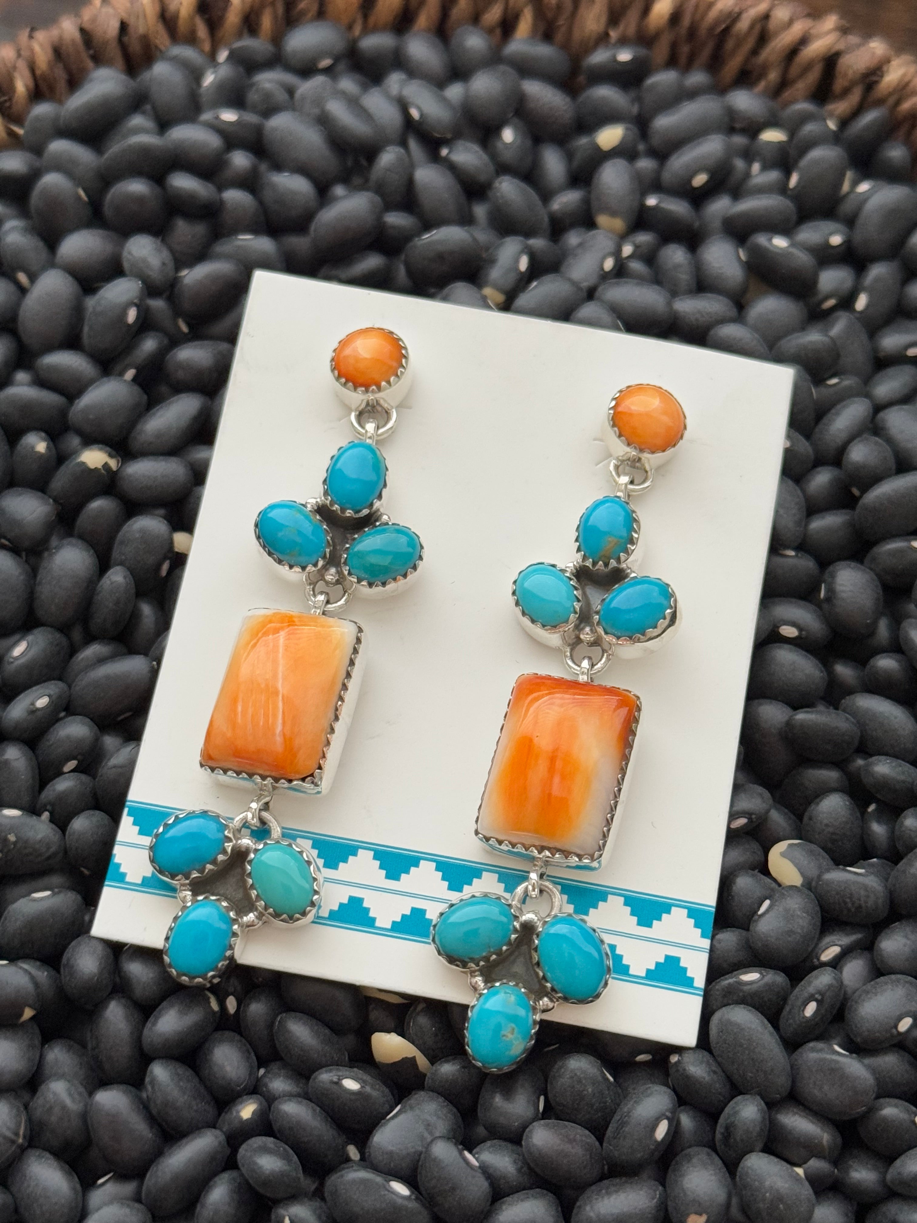 Navajo Made Multi Stone & Sterling Silver Post Dangle Earrings