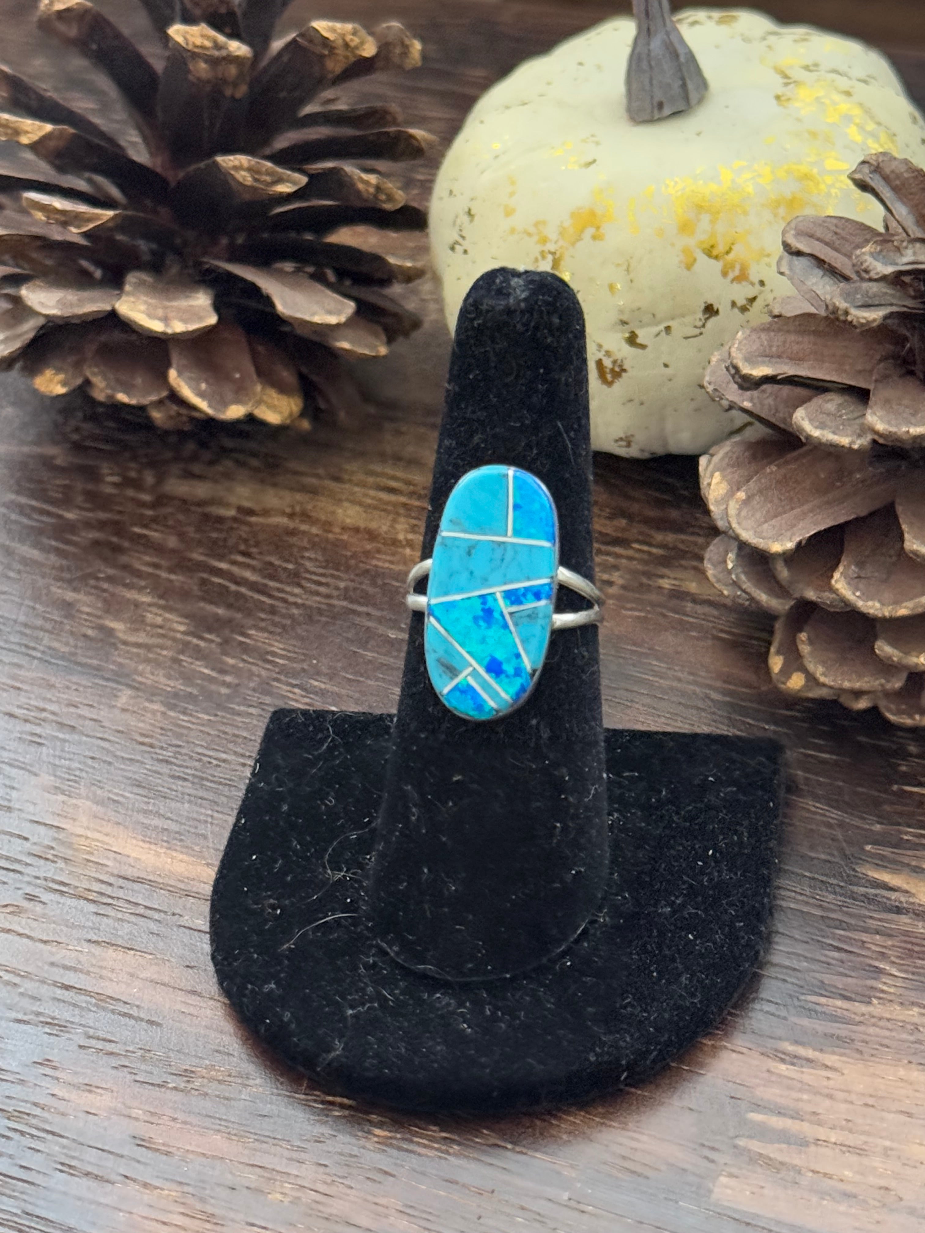 Navajo Made Multi Stone & Sterling Silver Inlay Ring Size 7.5